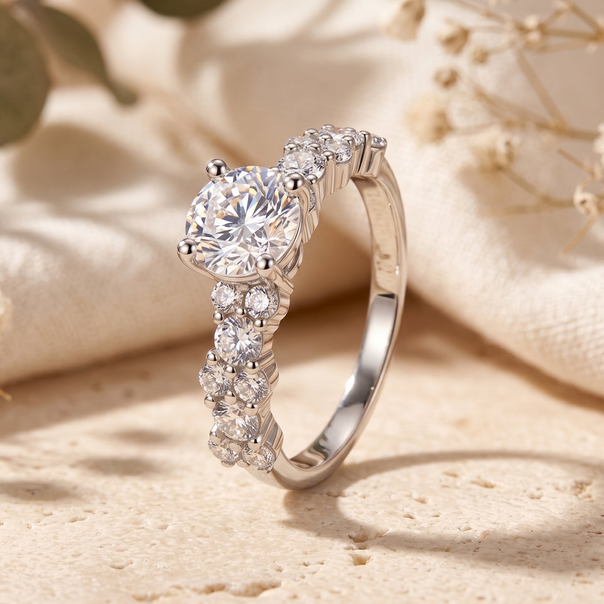 Cassandra round simulated diamond ring in S925 silver on stone.
