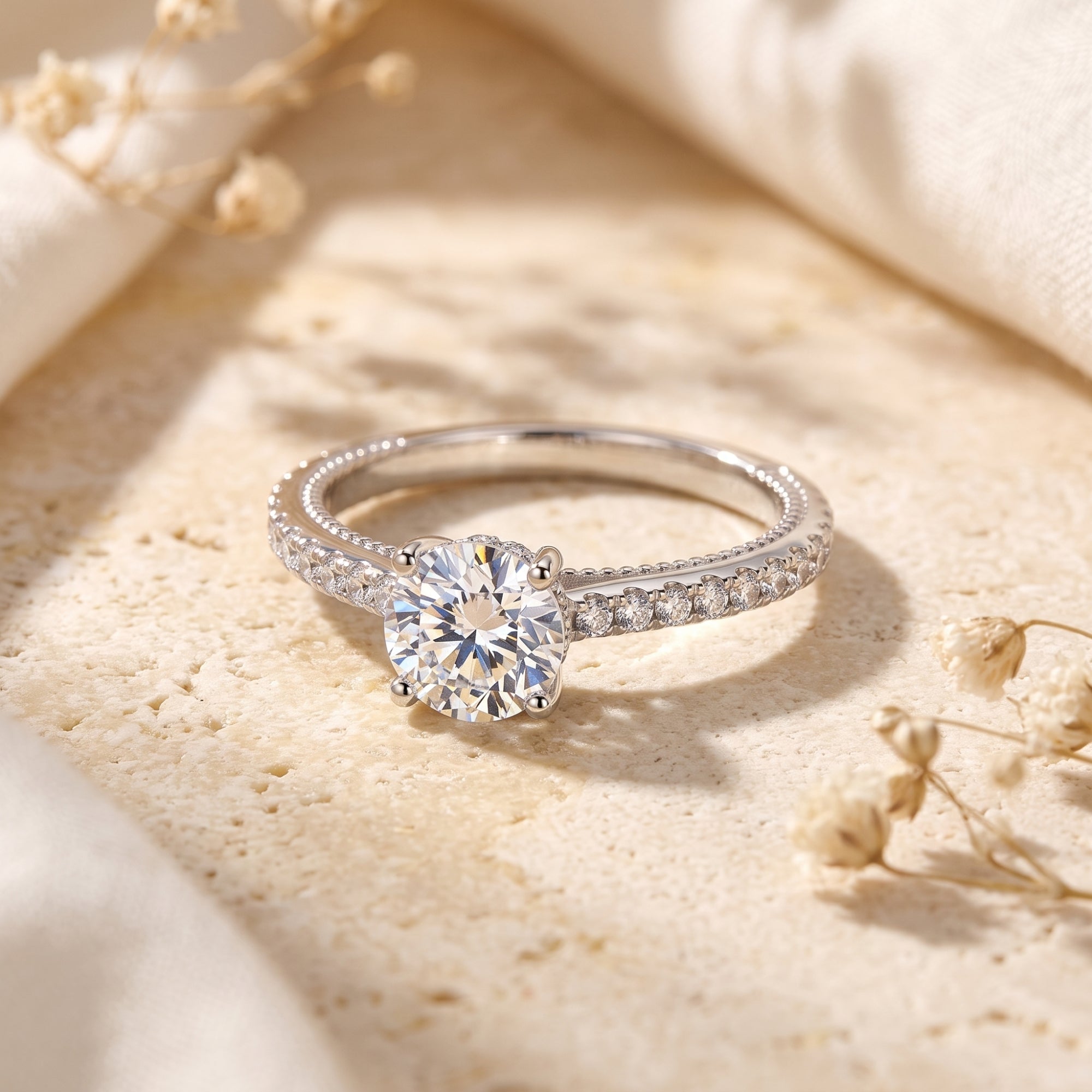 Round-cut simulated diamond solitaire ring in 925 sterling silver with pave band on a textured stone surface.