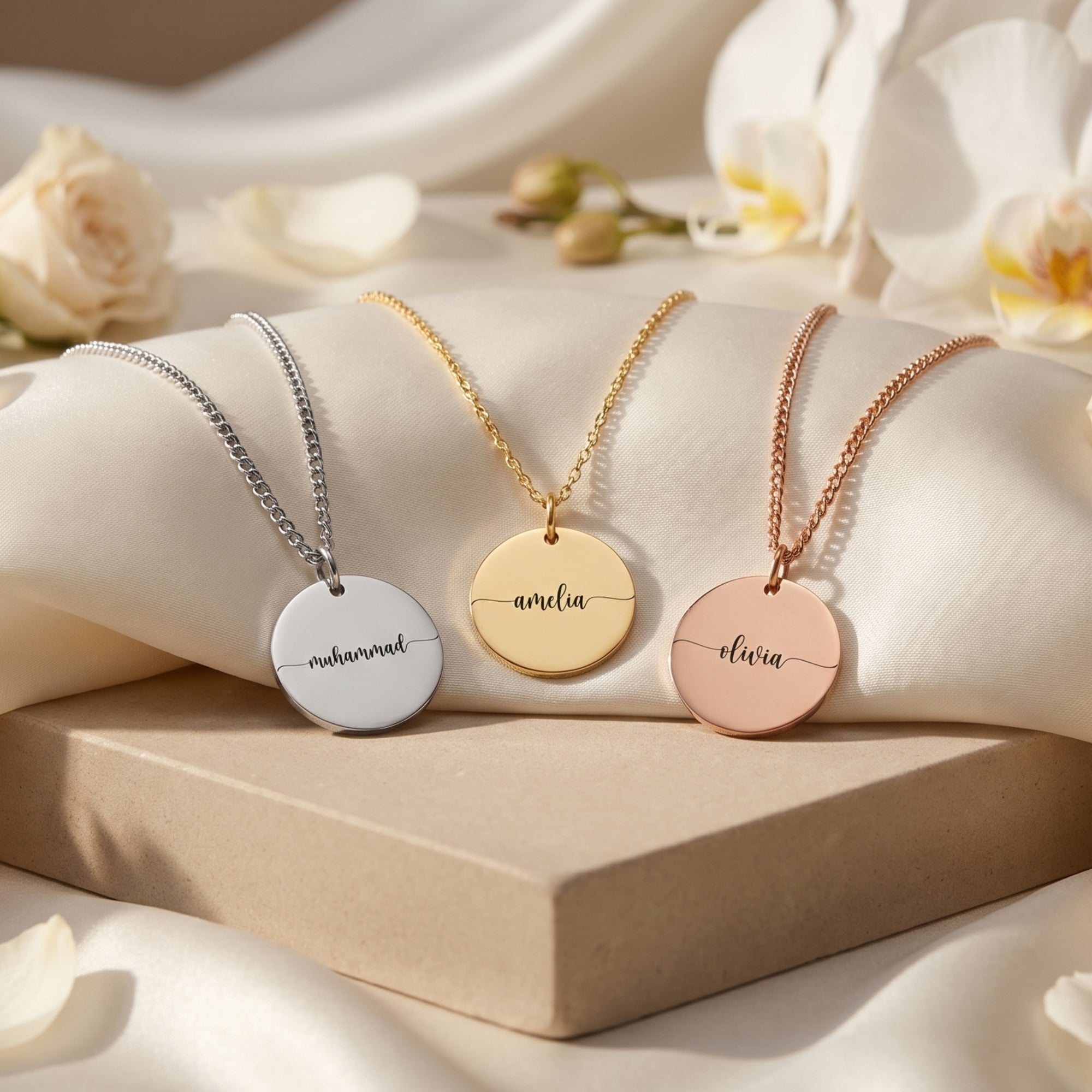 Silver, gold, and rose gold Eloise necklaces displayed on silk with floral accents.