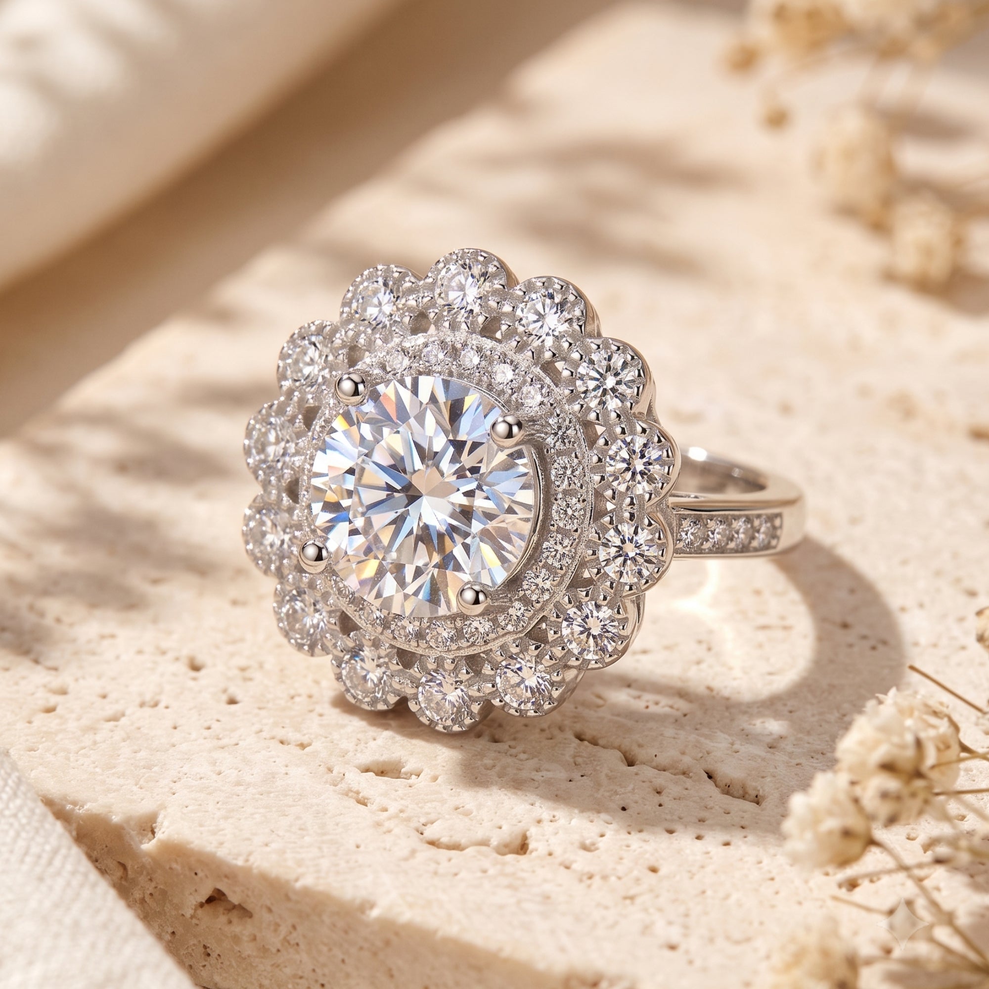 Sterling silver Elysetta ring with round simulated diamond halo on a stone surface with dried flowers.