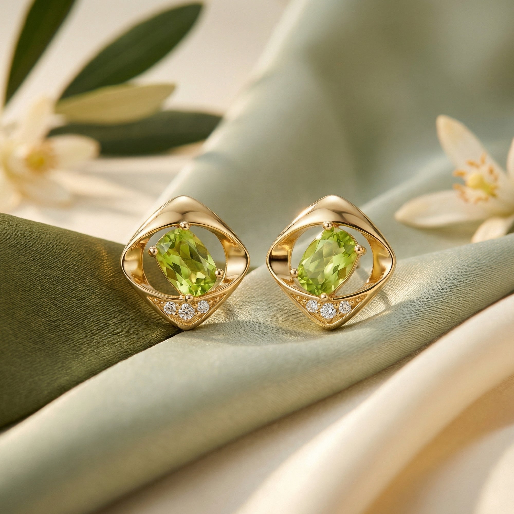 Gold vermeil Yvaine stud earrings with oval cut peridot on green silk fabric with white flowers.