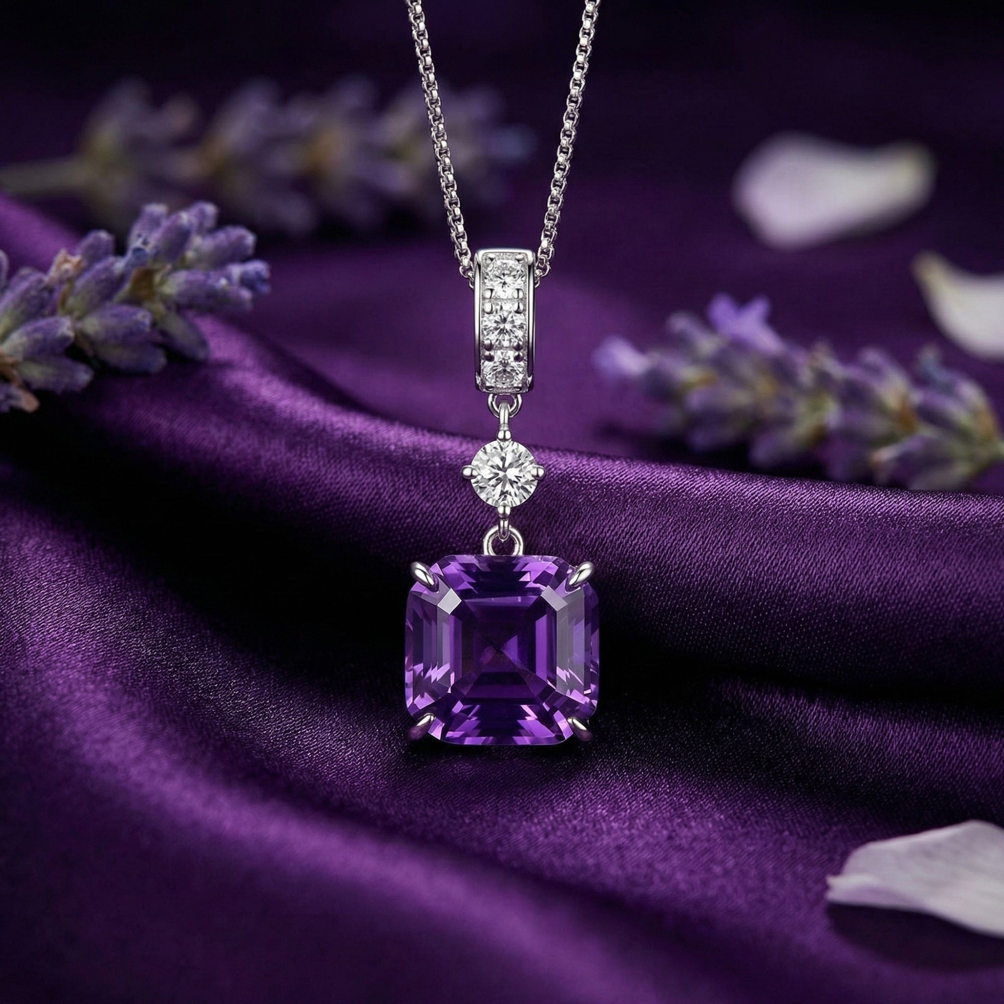 Square cut natural amethyst pendant on a sterling silver chain, styled on purple silk with lavender.