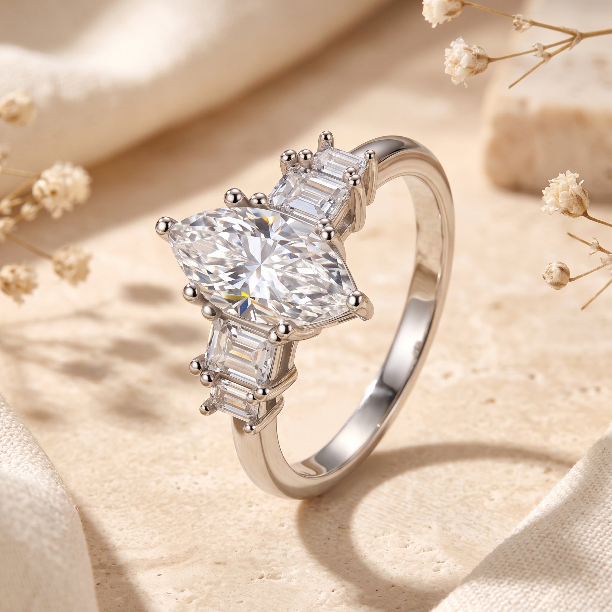 Marquise-cut simulated diamond silver ring on stone with dried flowers.