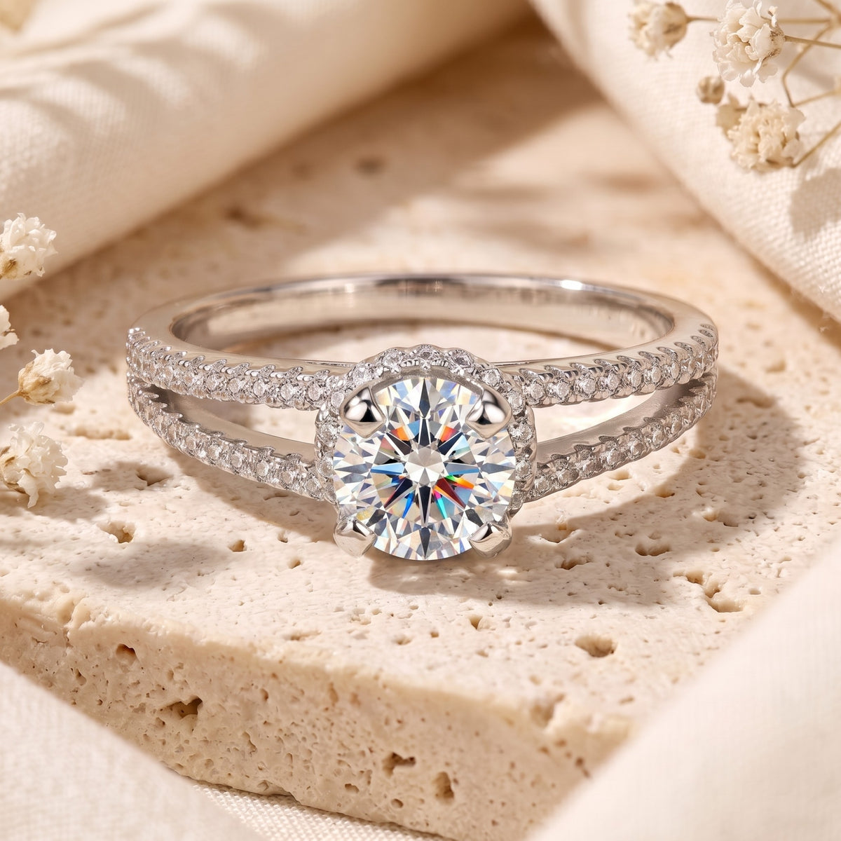 Aria split shank ring in S925 sterling silver with round cubic zirconia on a stone surface.