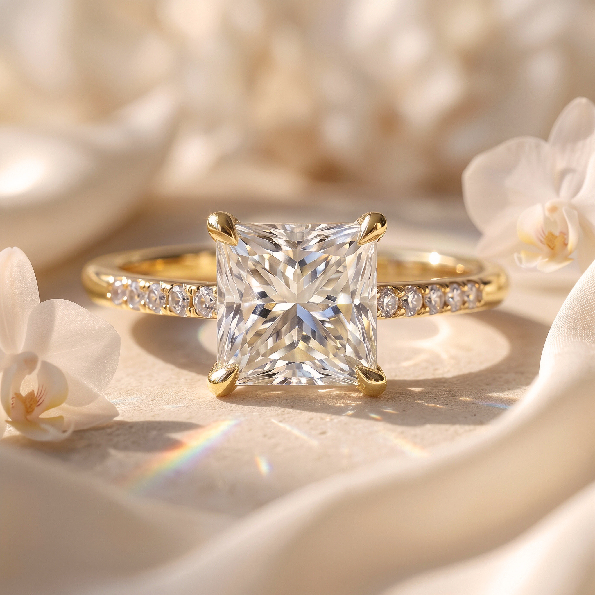 A princess-cut moissanite engagement ring with a yellow gold pavé band, displayed on a soft cream background with orchids.
