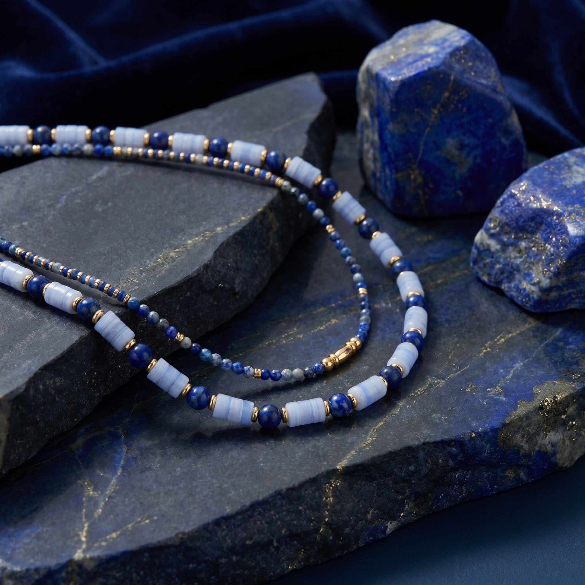 Layered lapis lazuli and light blue barrel bead necklaces with gold accents displayed on natural stone.