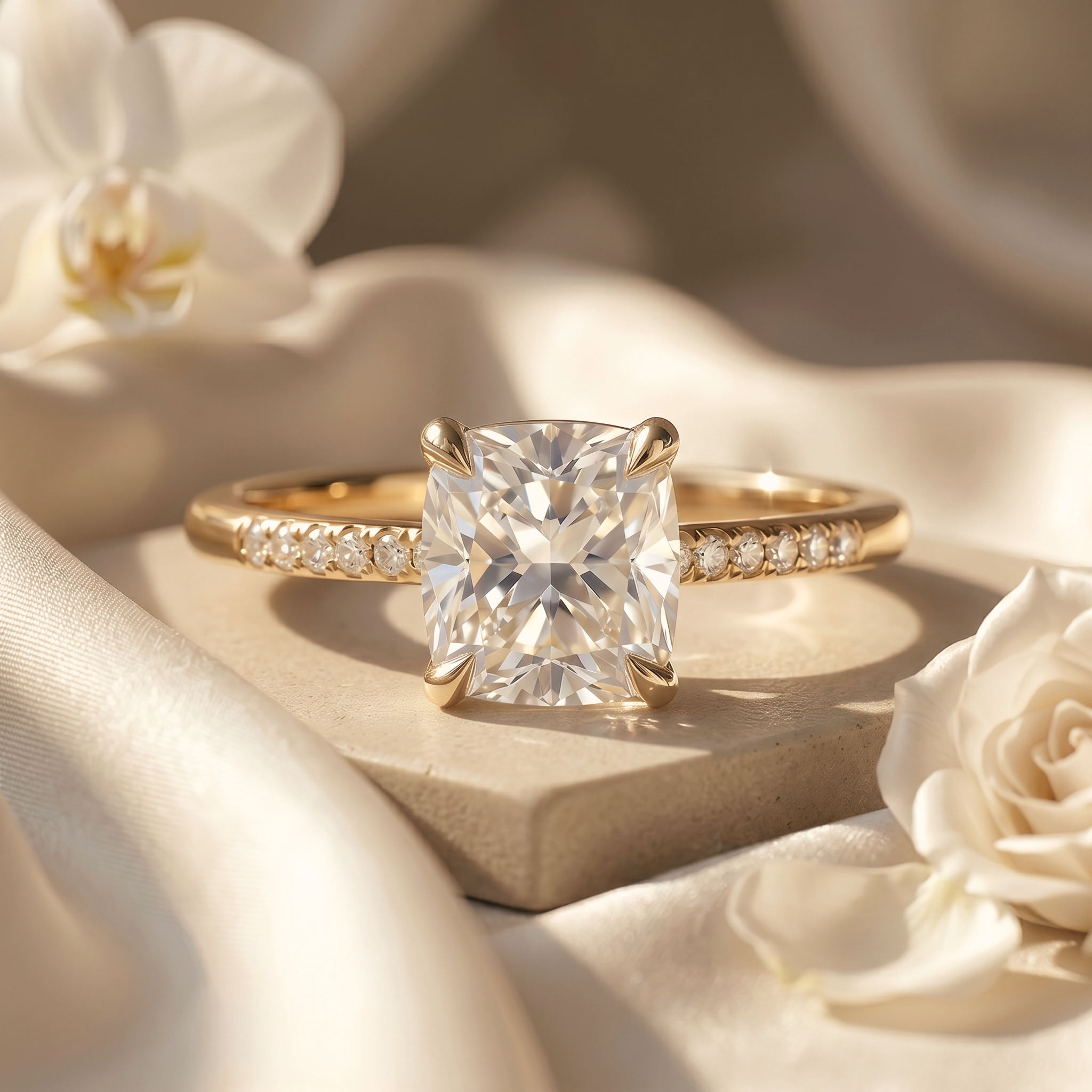 A stunning cushion-cut moissanite engagement ring in yellow gold with a delicate pavé band, resting on a stone surface.