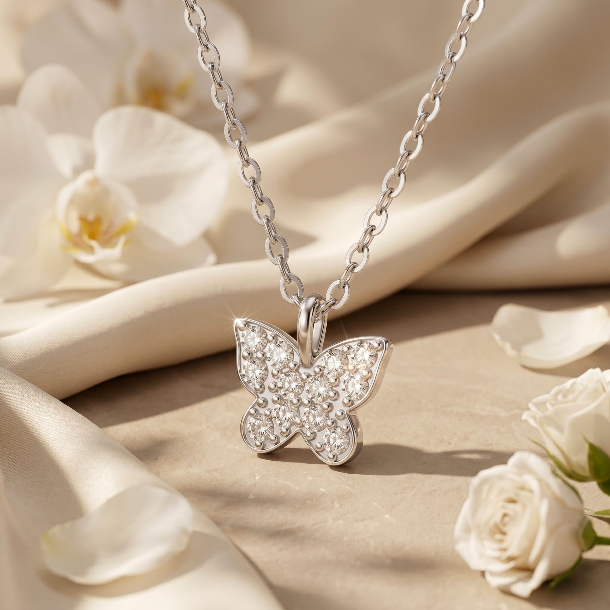 Silver butterfly pendant with round moissanite stones on a chain, styled with white flowers and silk.