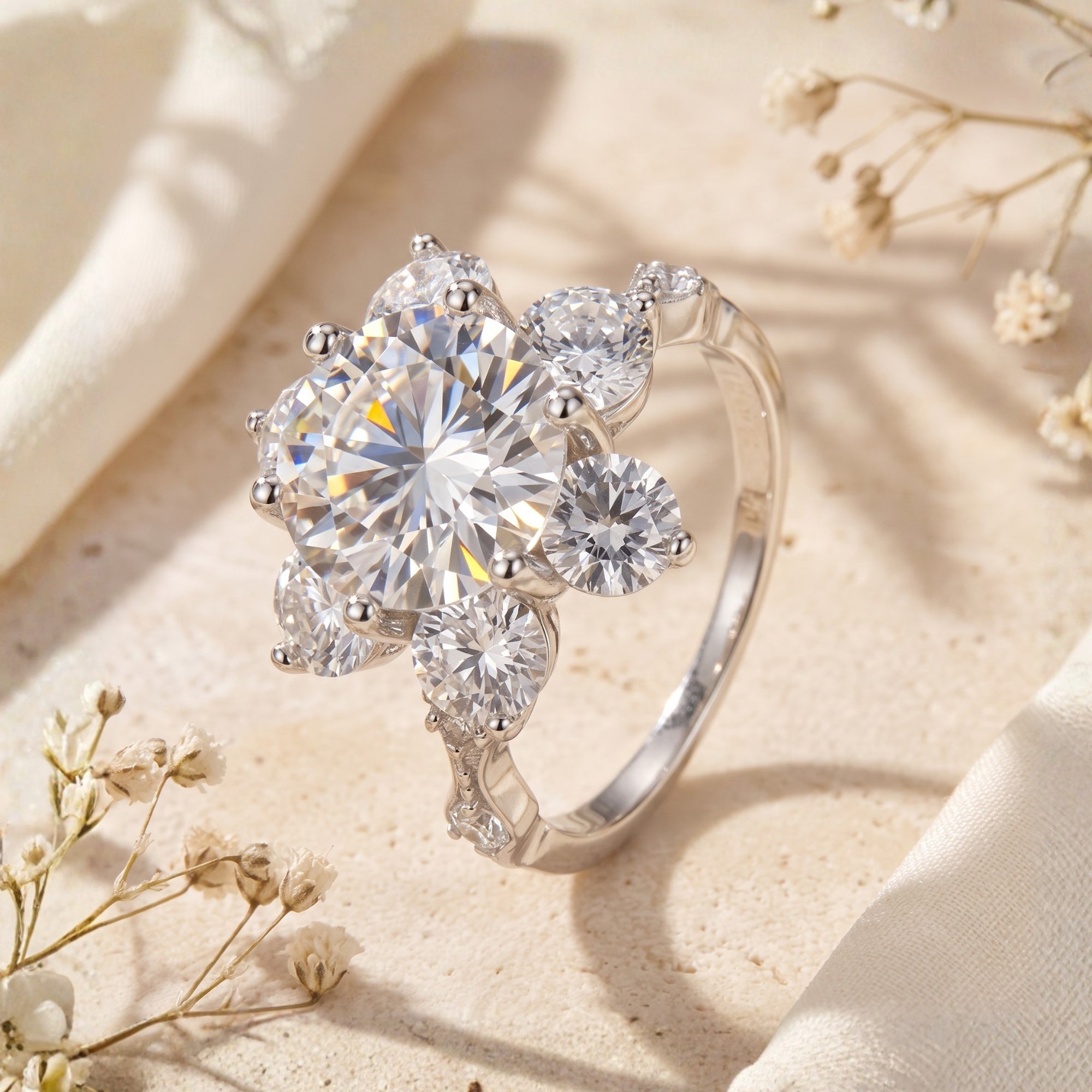 Roselita sterling silver ring with round simulated diamond in flower setting on stone background.