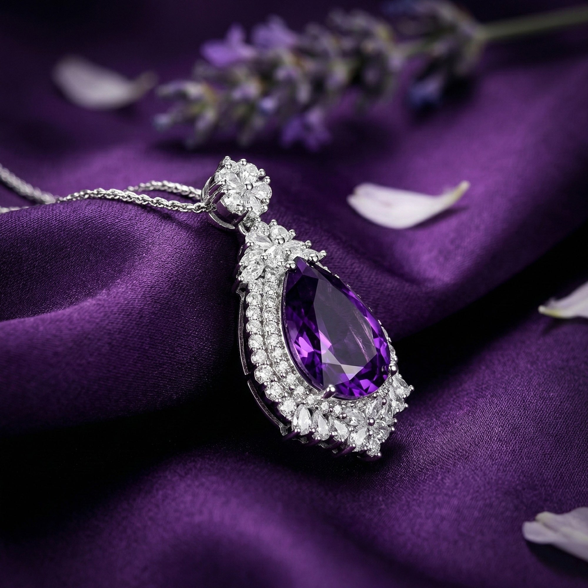 Pear cut amethyst necklace in sterling silver on purple silk with lavender sprigs.