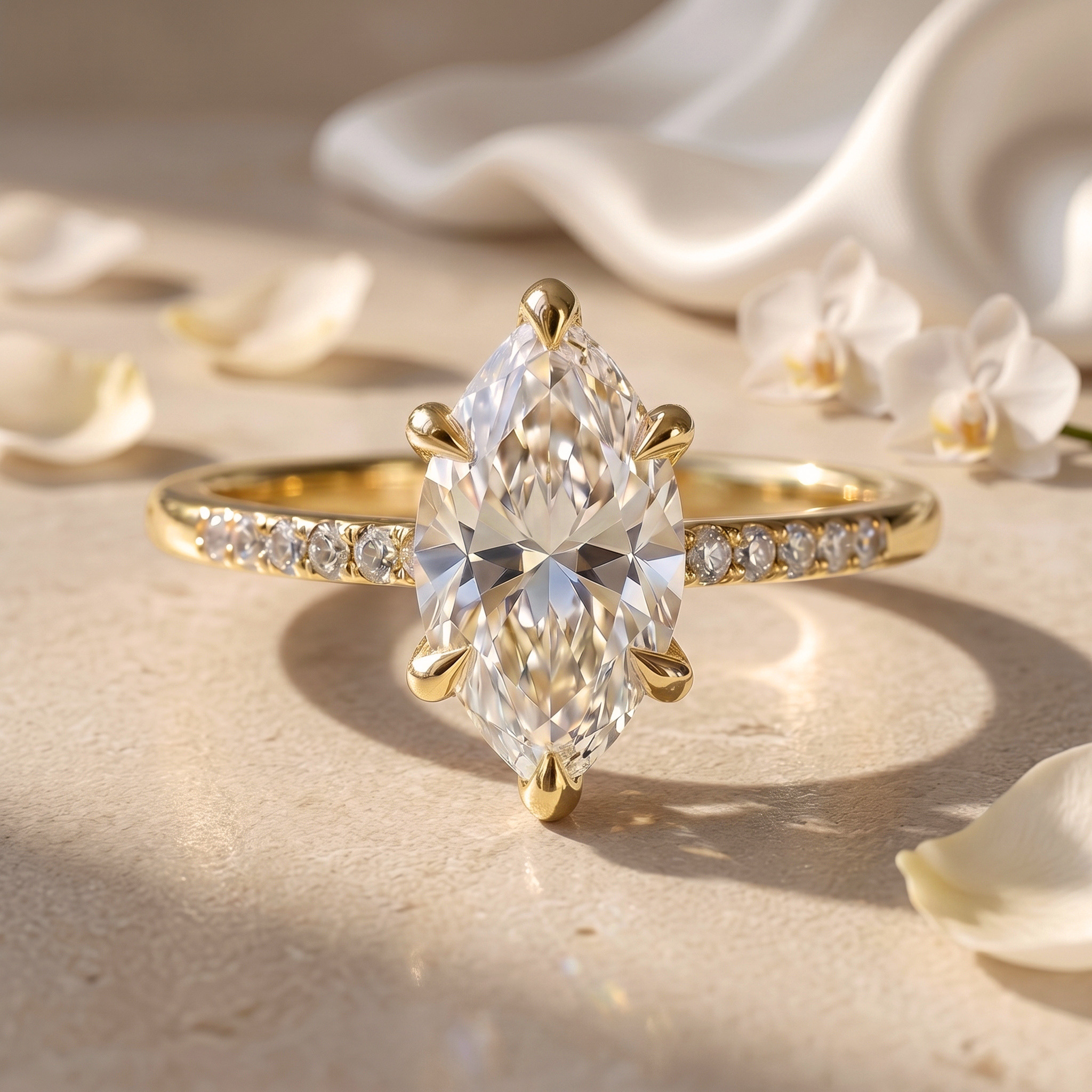 A stunning marquise-cut moissanite engagement ring featuring a sparkling pave band in yellow gold.