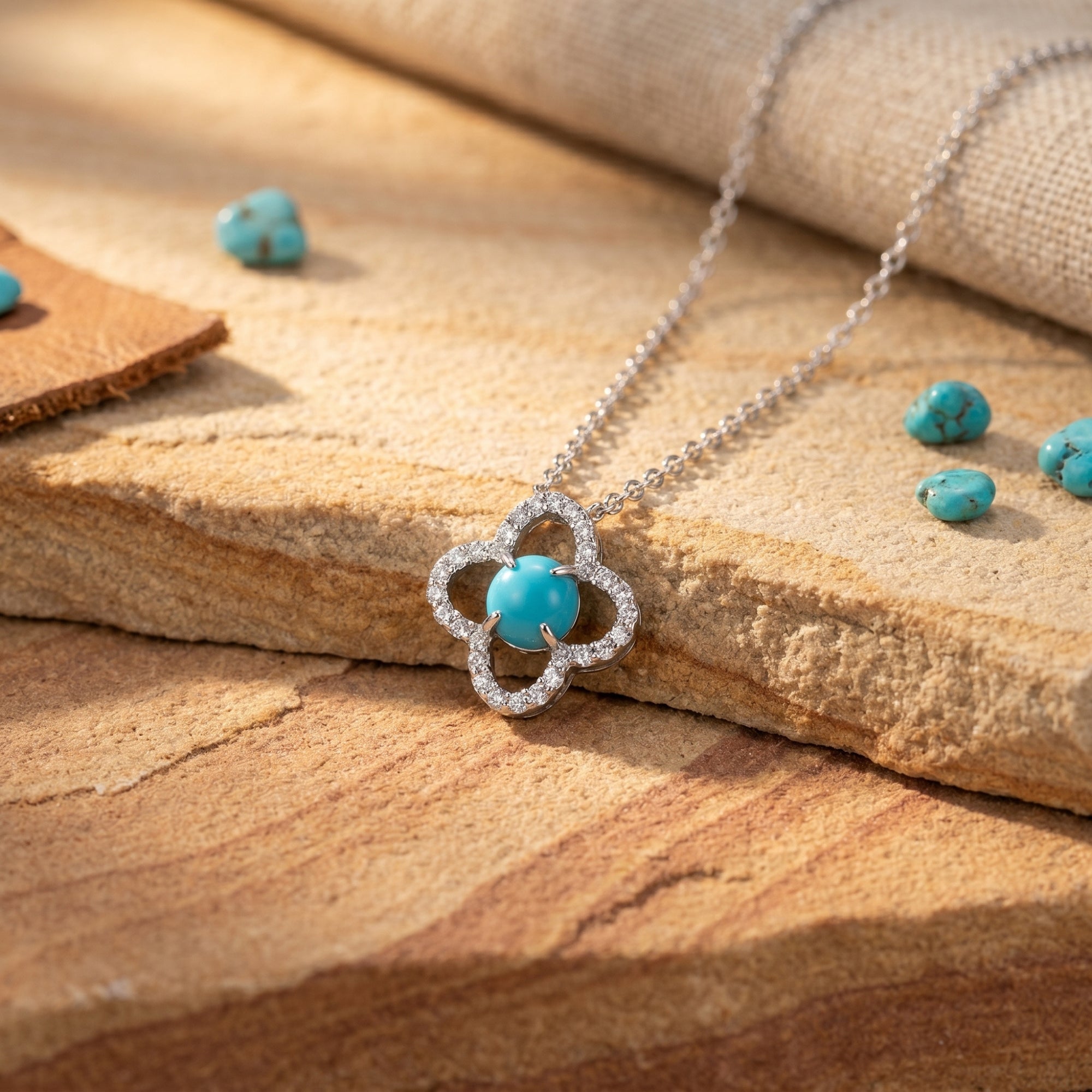 Silver quatrefoil necklace with round turquoise cabochon on a textured stone background.