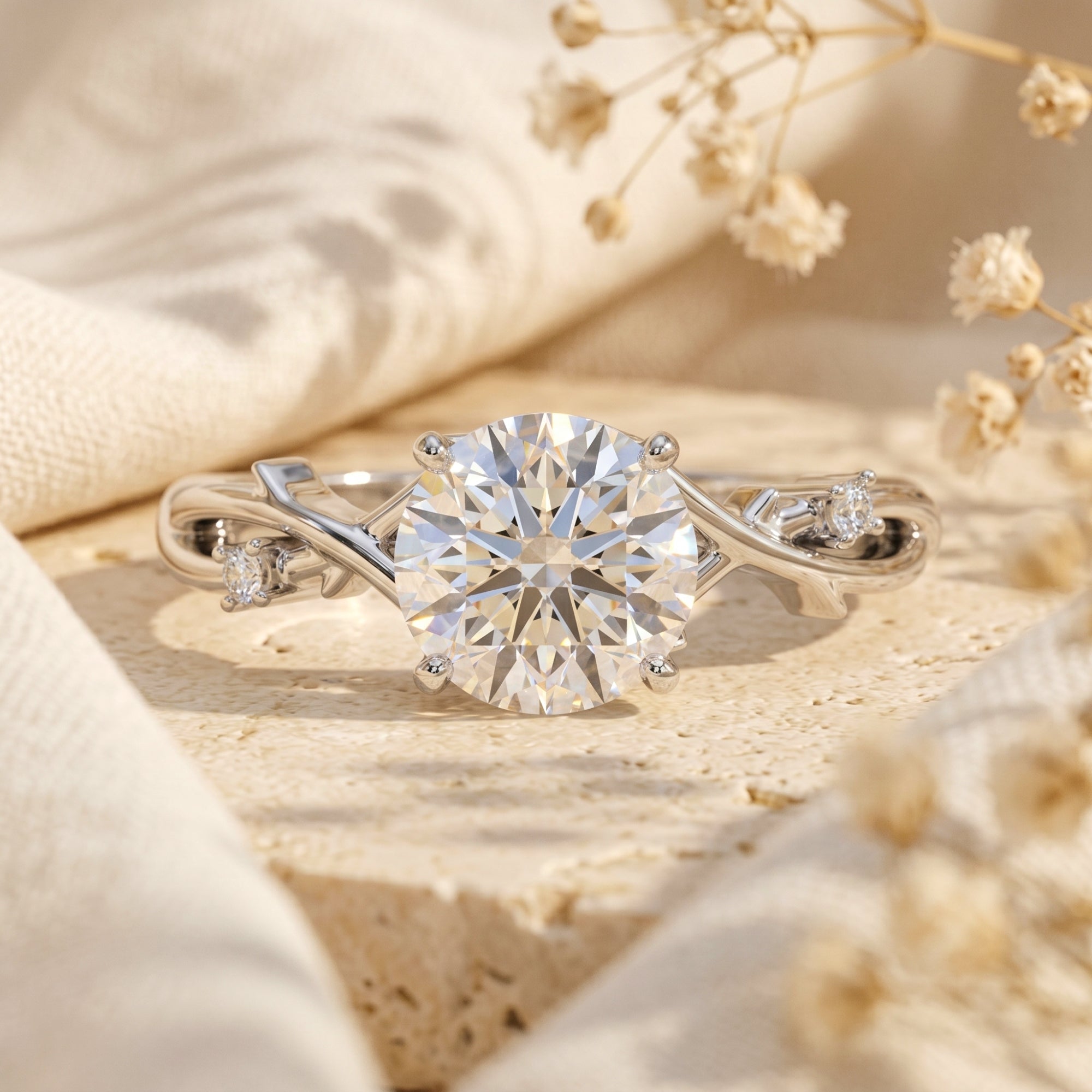 Round cut 2ct moissanite engagement ring in sterling silver with a vine band on a lifestyle background.