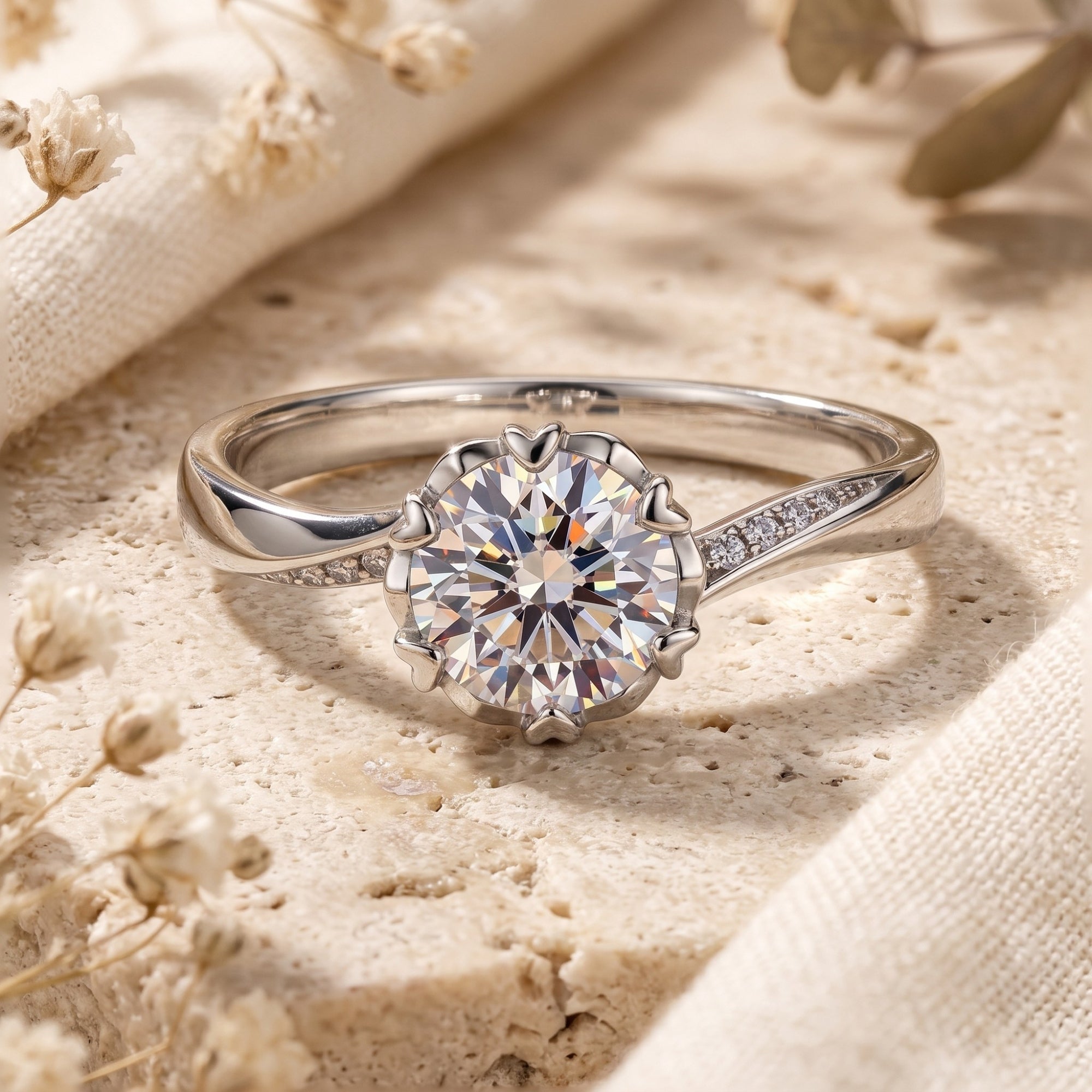 Silver Liorabelle ring with round simulated diamond on stone with dried flowers.