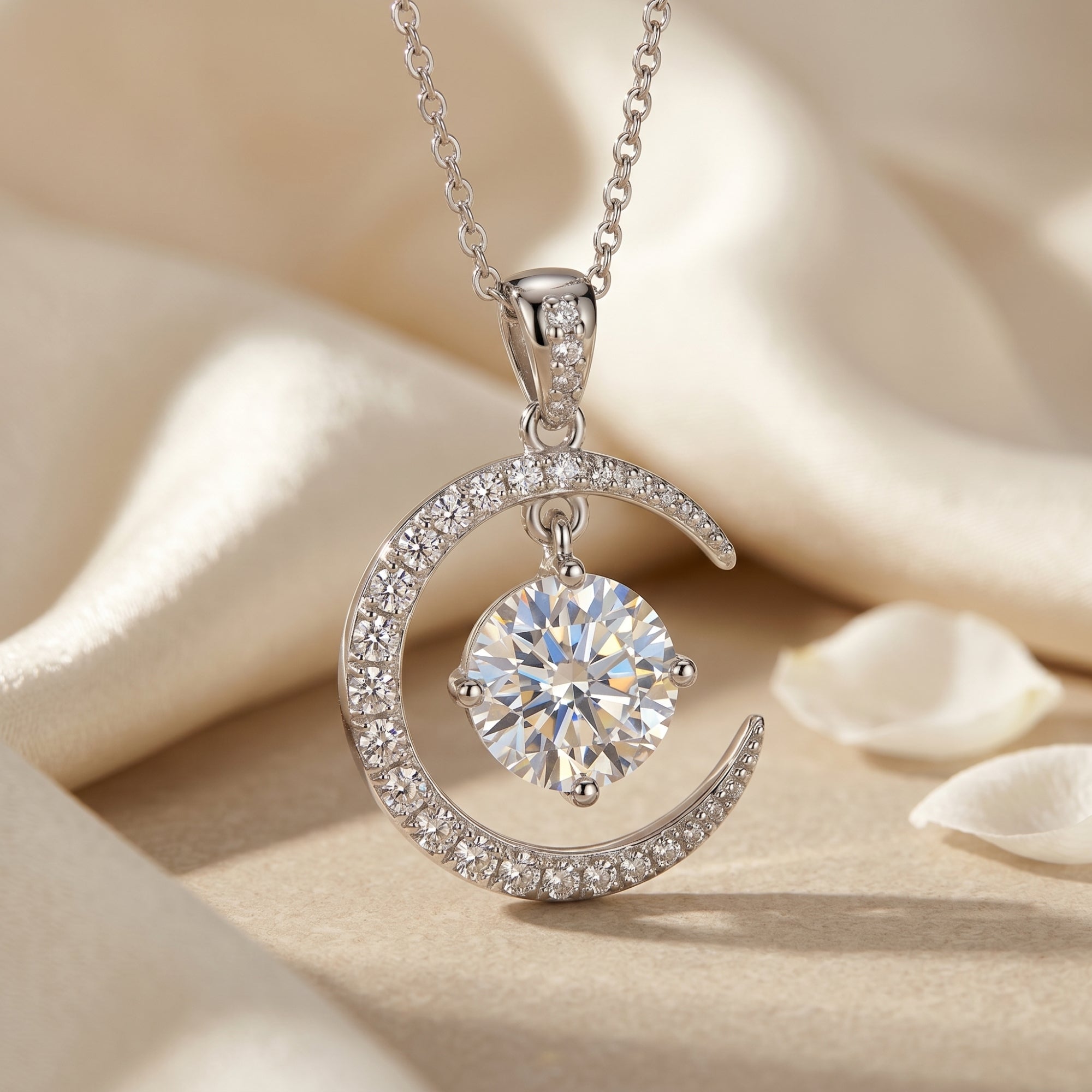 Silver moissanite crescent moon necklace with round cut center stone on silk fabric.