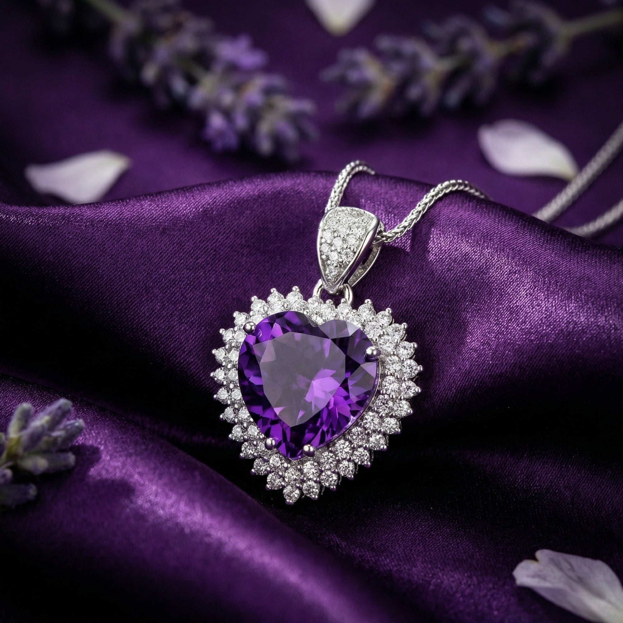 Heart cut amethyst necklace in S925 sterling silver styled on purple silk with lavender sprigs.
