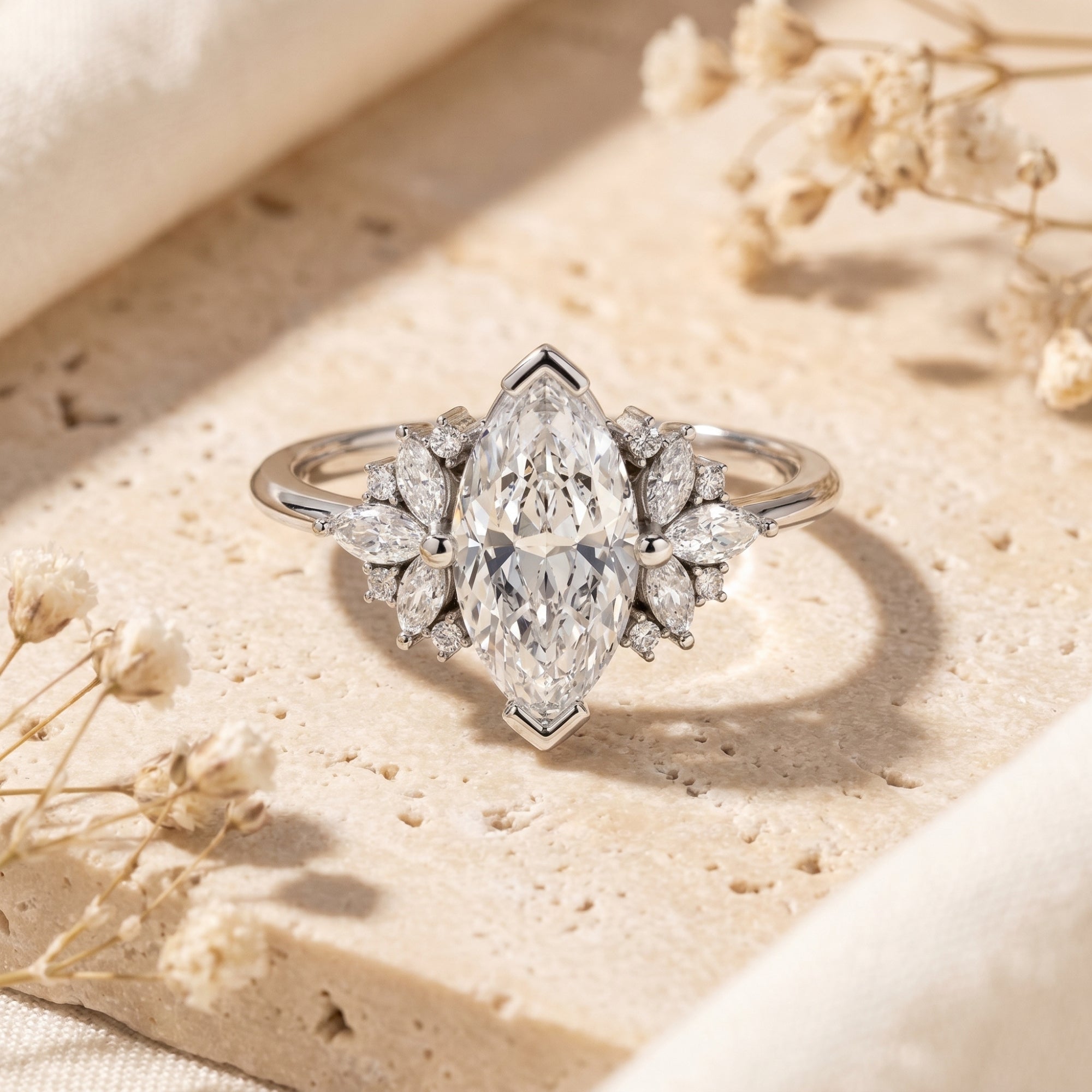 Silver marquise moissanite promise ring with cluster accents on a textured stone surface.