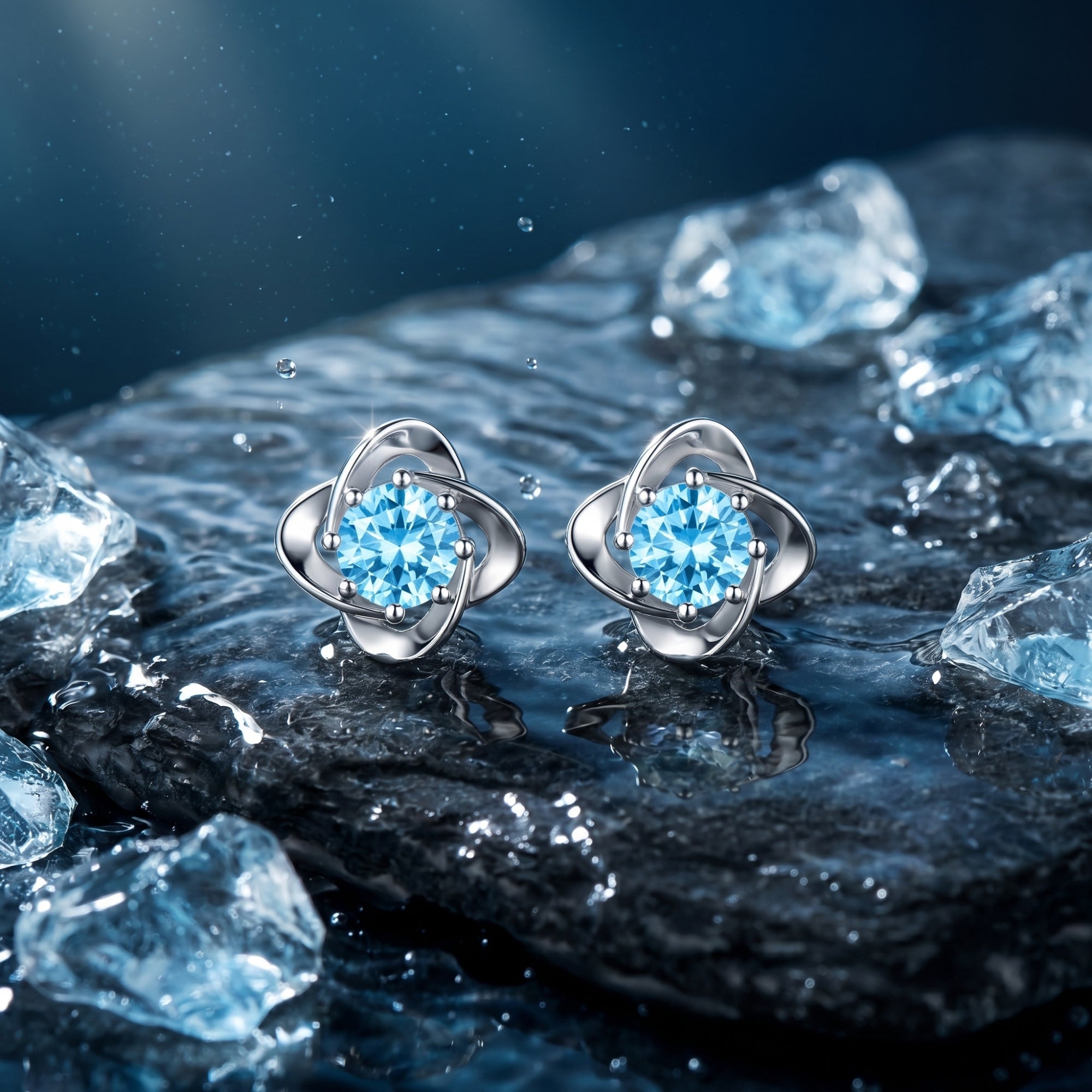 Round cut aquamarine stud earrings in platinum on a wet rock with ice, reflecting oceanic serenity.
