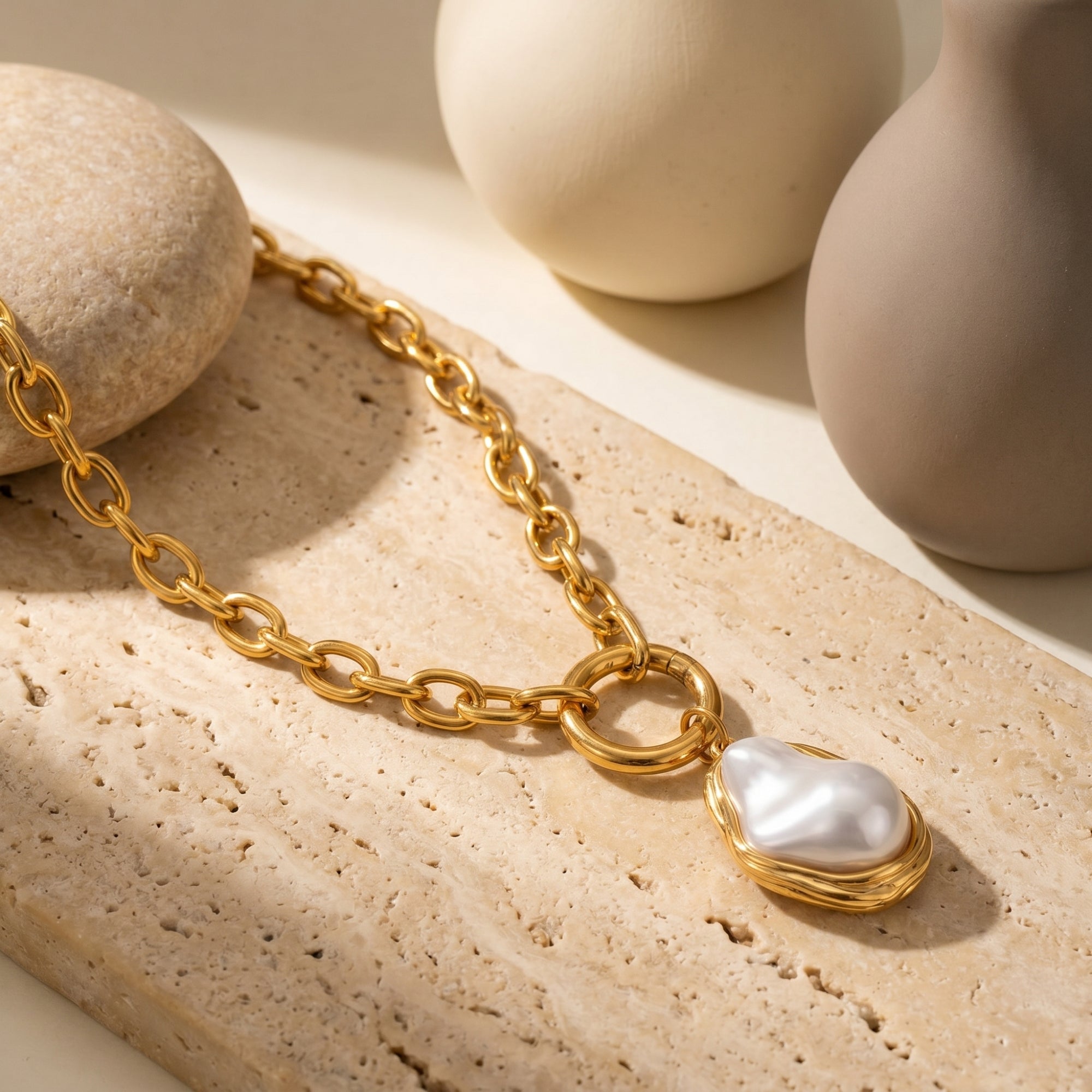 Gold stainless steel necklace with irregular synthetic pearl pendant on a stone surface.