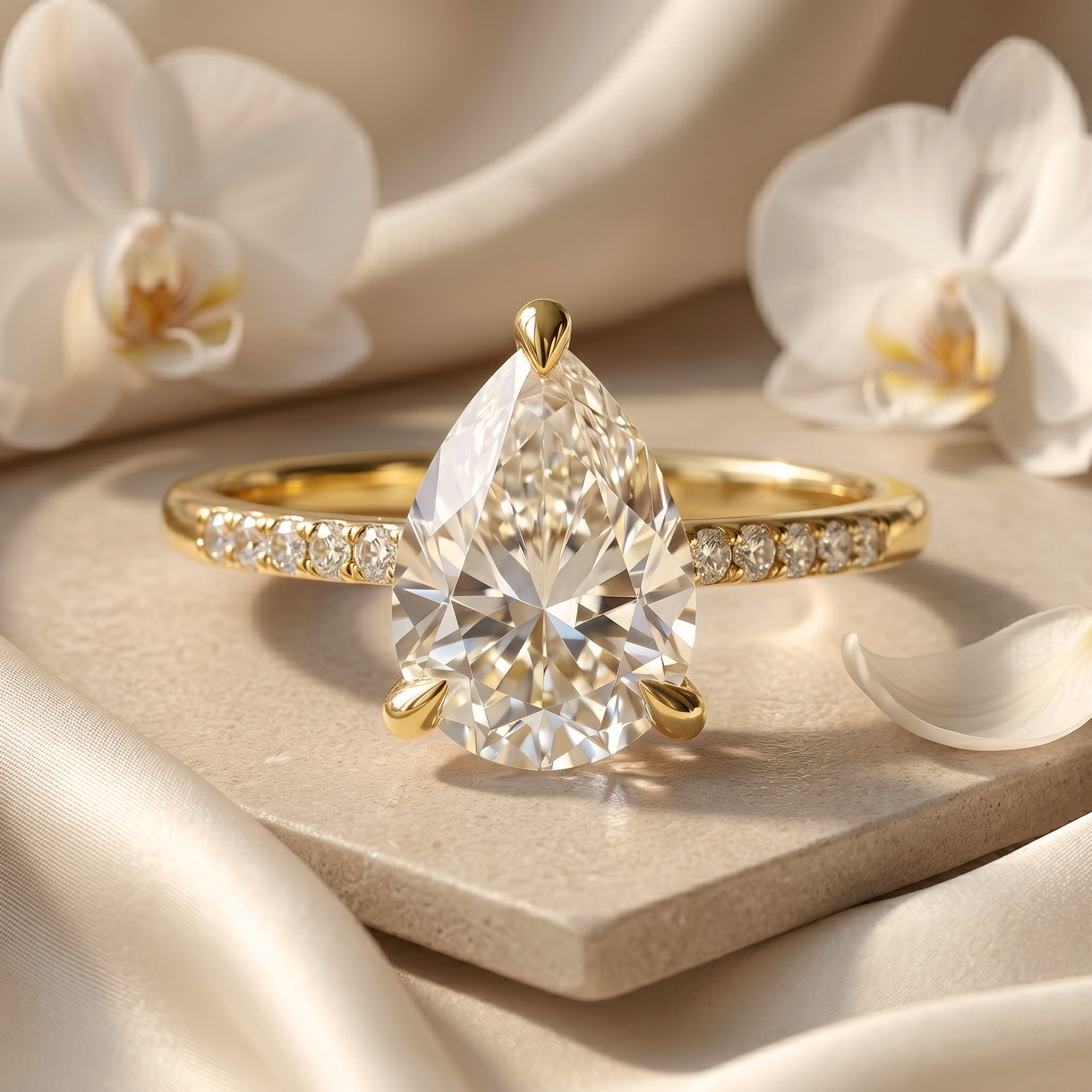 A sparkling pear-cut moissanite engagement ring set in a yellow gold pavé band, resting elegantly on a stone surface alongside white orchid flowers.