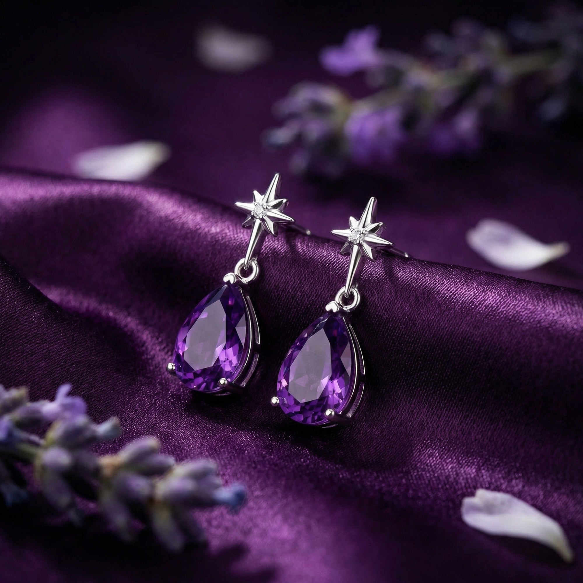 Pear cut amethyst drop earrings in sterling silver resting on purple silk with lavender sprigs.