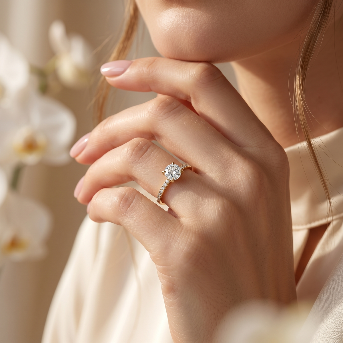A model showcasing a round-cut moissanite engagement ring with a yellow gold pave band on her finger.