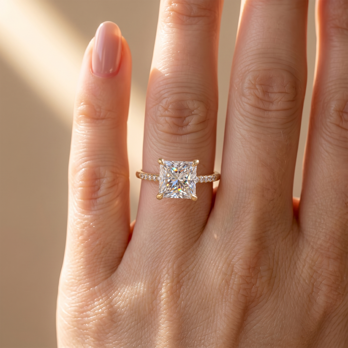 A yellow gold princess cut moissanite engagement ring on a woman's finger, showcasing its brilliance in natural light.