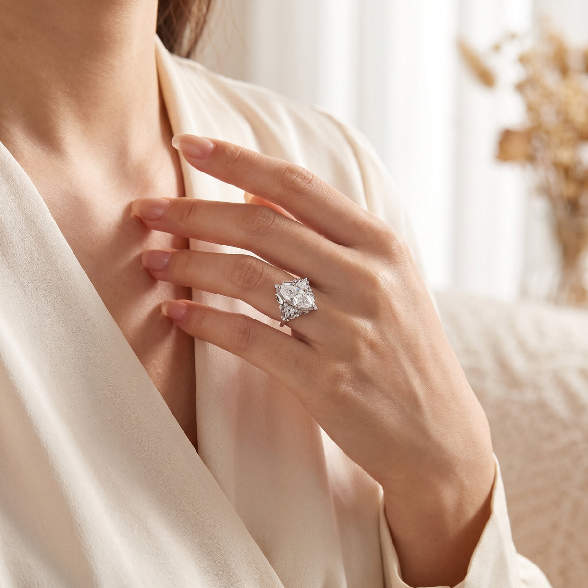 Model wearing the sterling silver marquise simulated diamond ring.