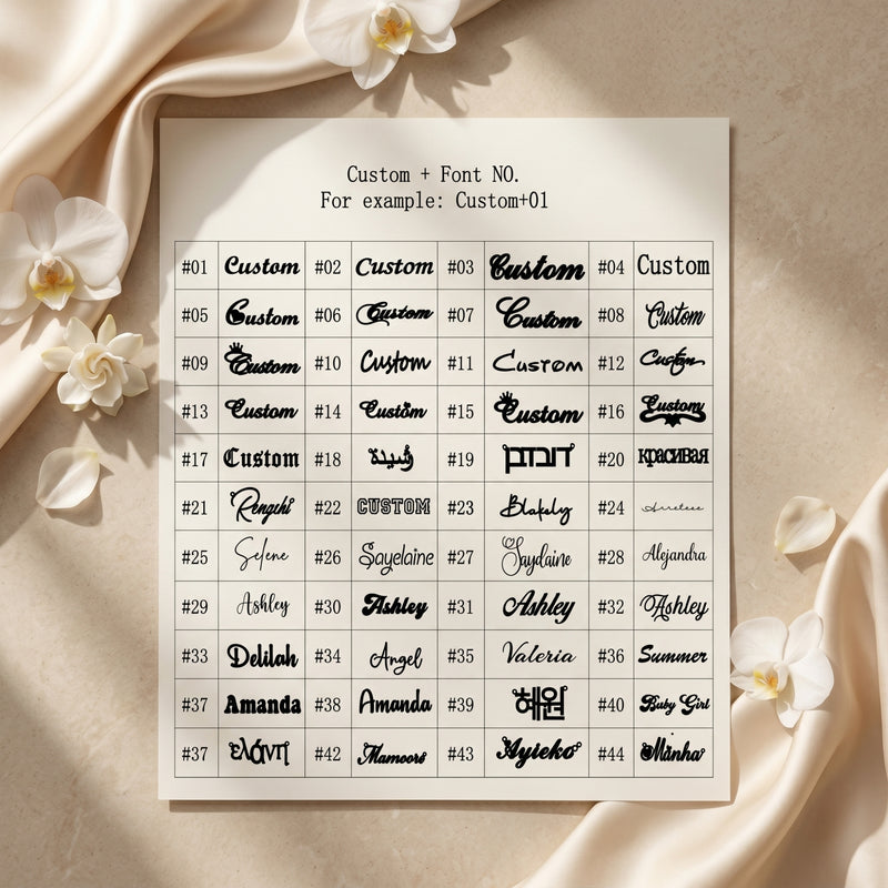 Personalized name necklace font style guide featuring 44 different script and block lettering options.