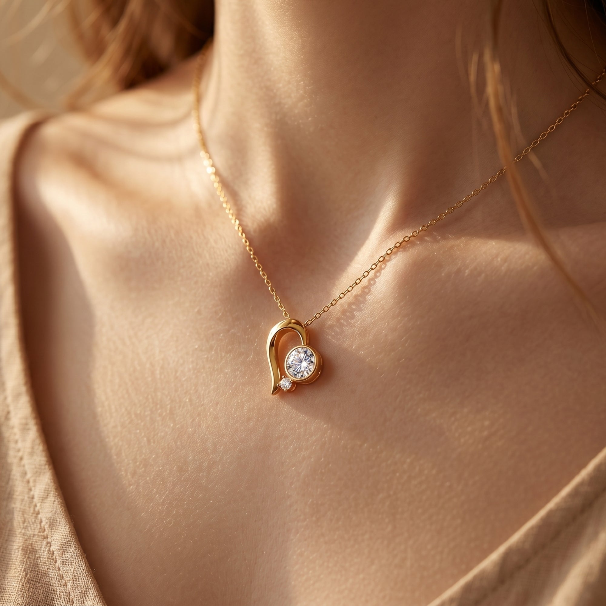 Model wearing the gold Elestina heart necklace with a 6.5mm round moissanite pendant.