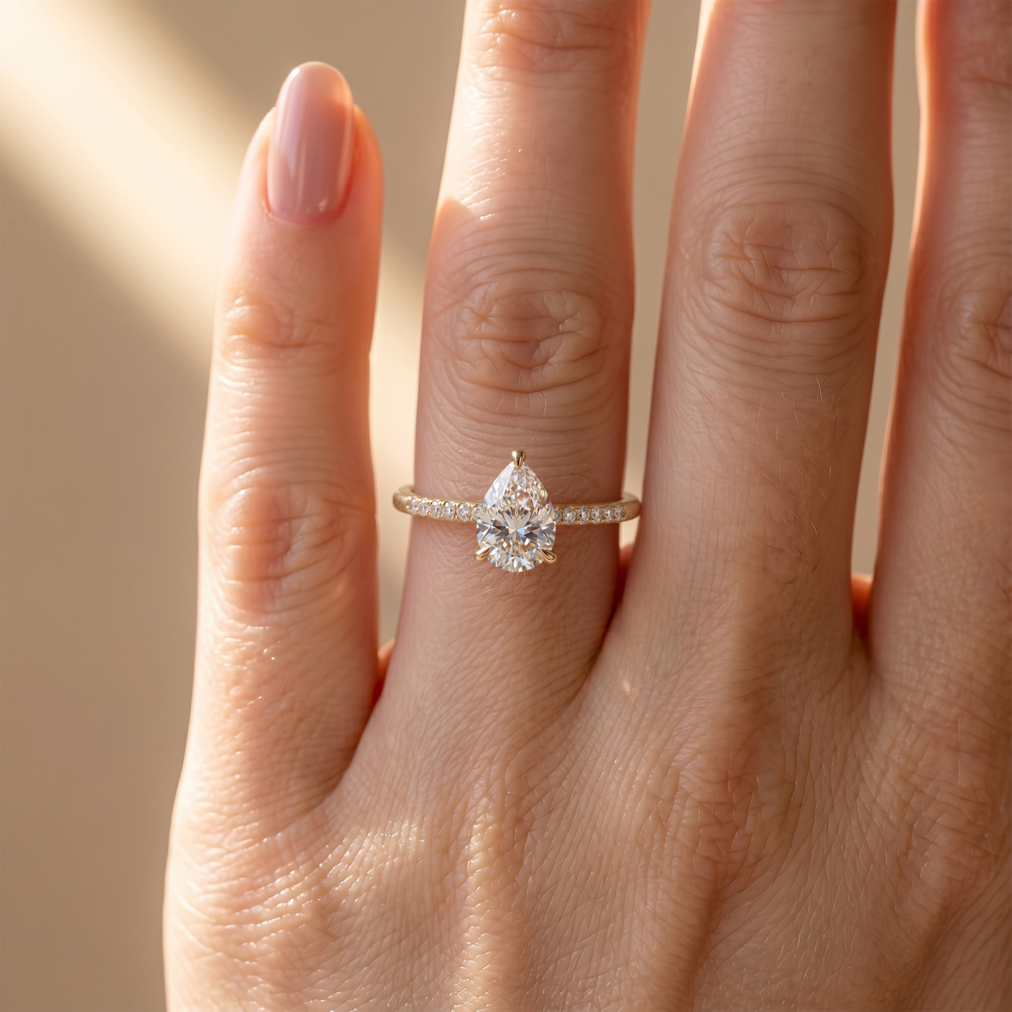 A pear-cut moissanite engagement ring in yellow gold beautifully displayed on a finger.