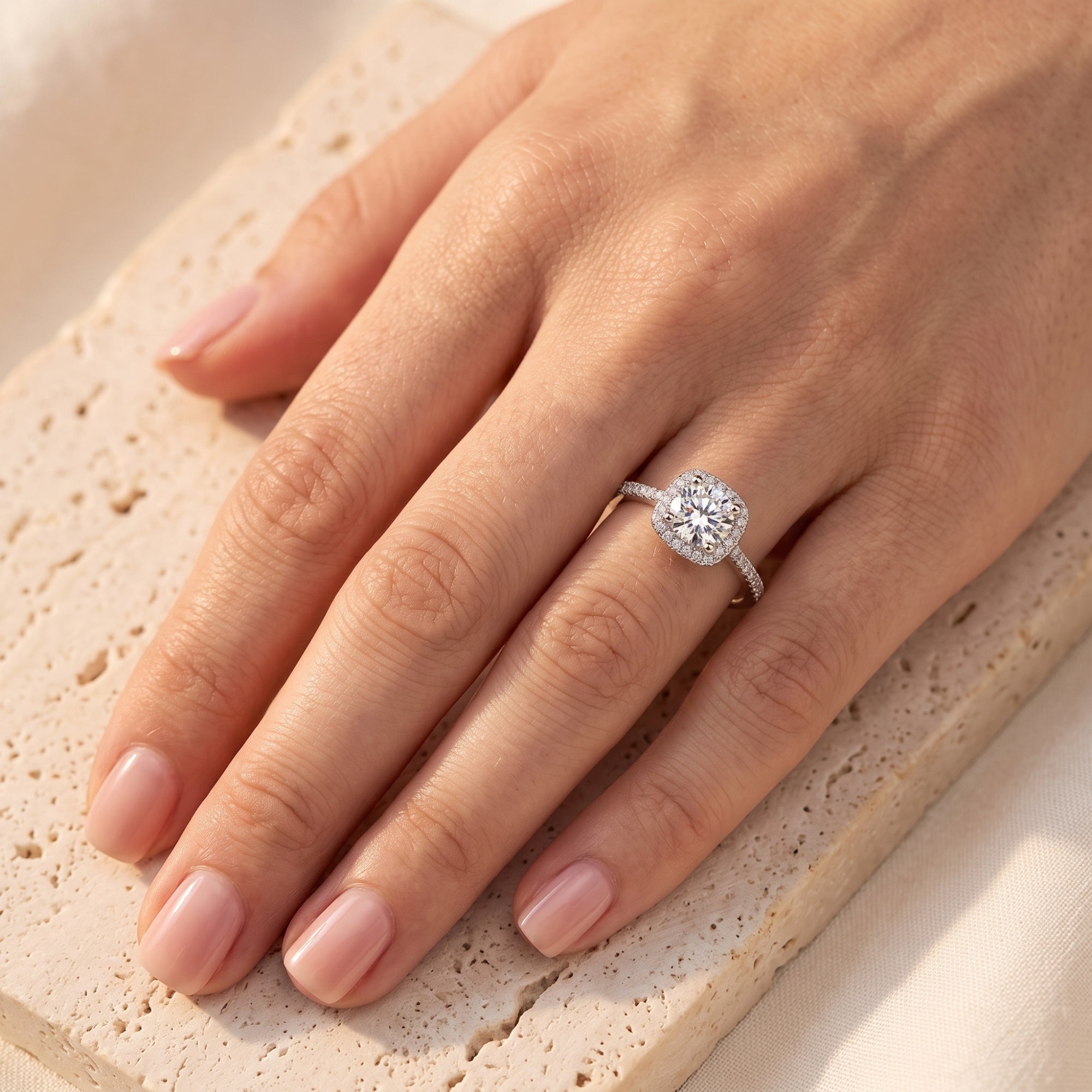 The Elianessa round cut simulated diamond halo ring in silver S925 sterling silver worn on a model's hand.