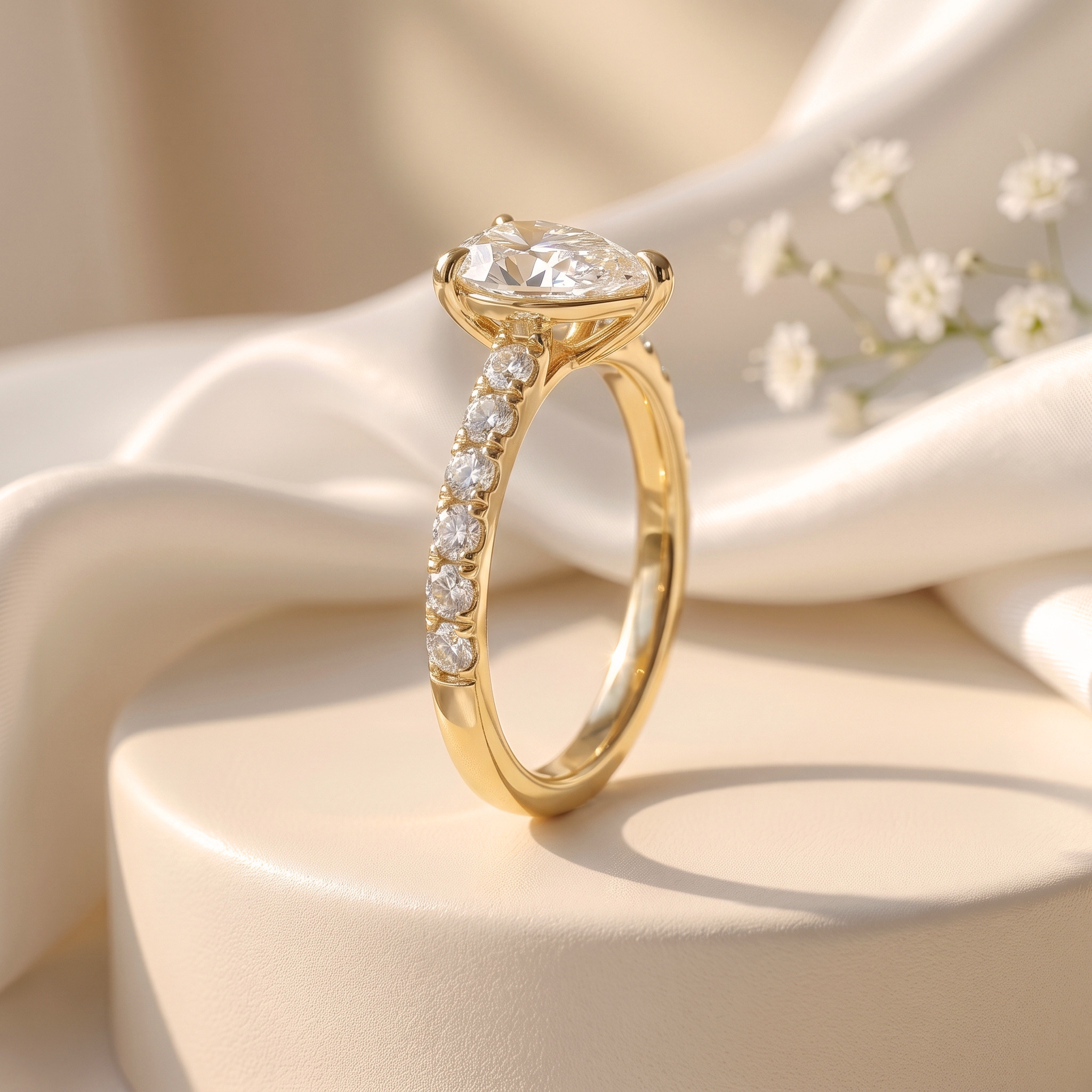 A side profile view of a yellow gold pear-cut moissanite ring showing the elegant basket setting and pave band.