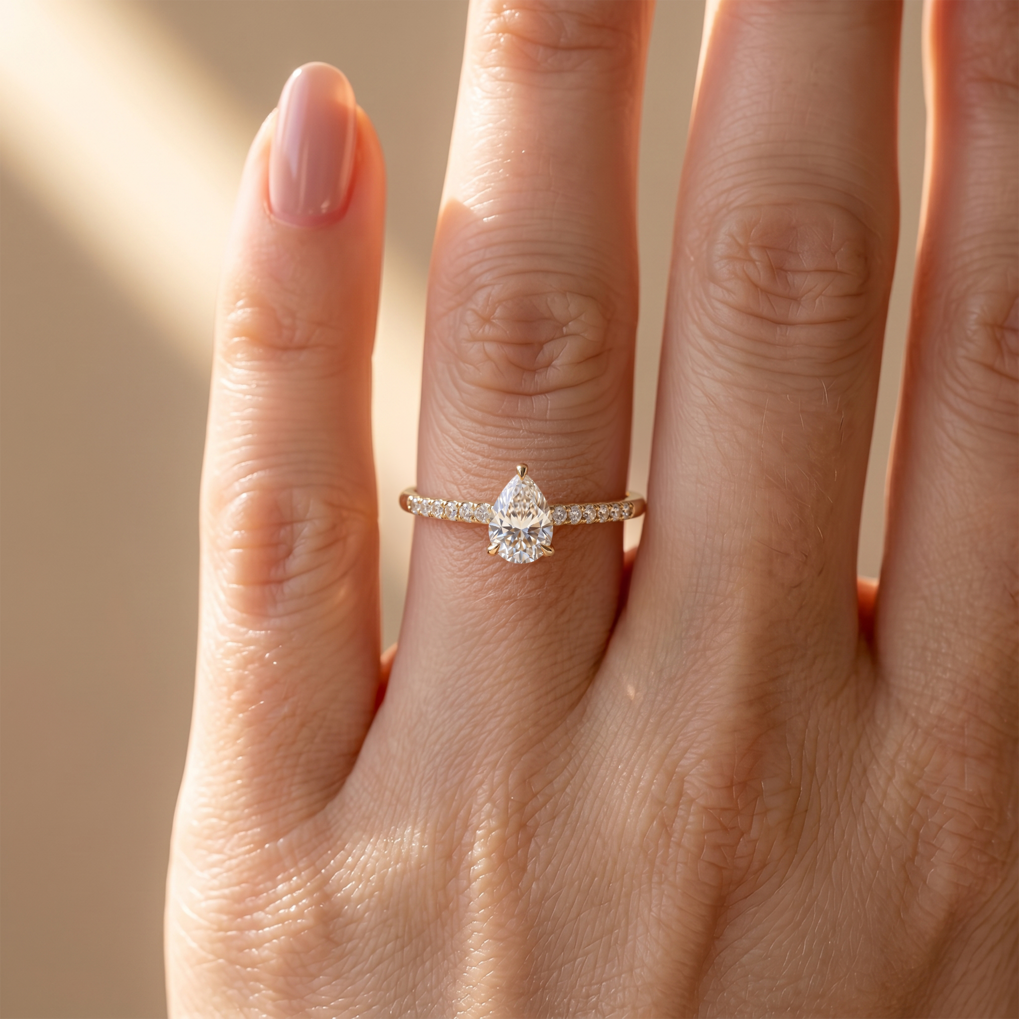 A delicate yellow gold pear-cut moissanite engagement ring on a woman's finger.