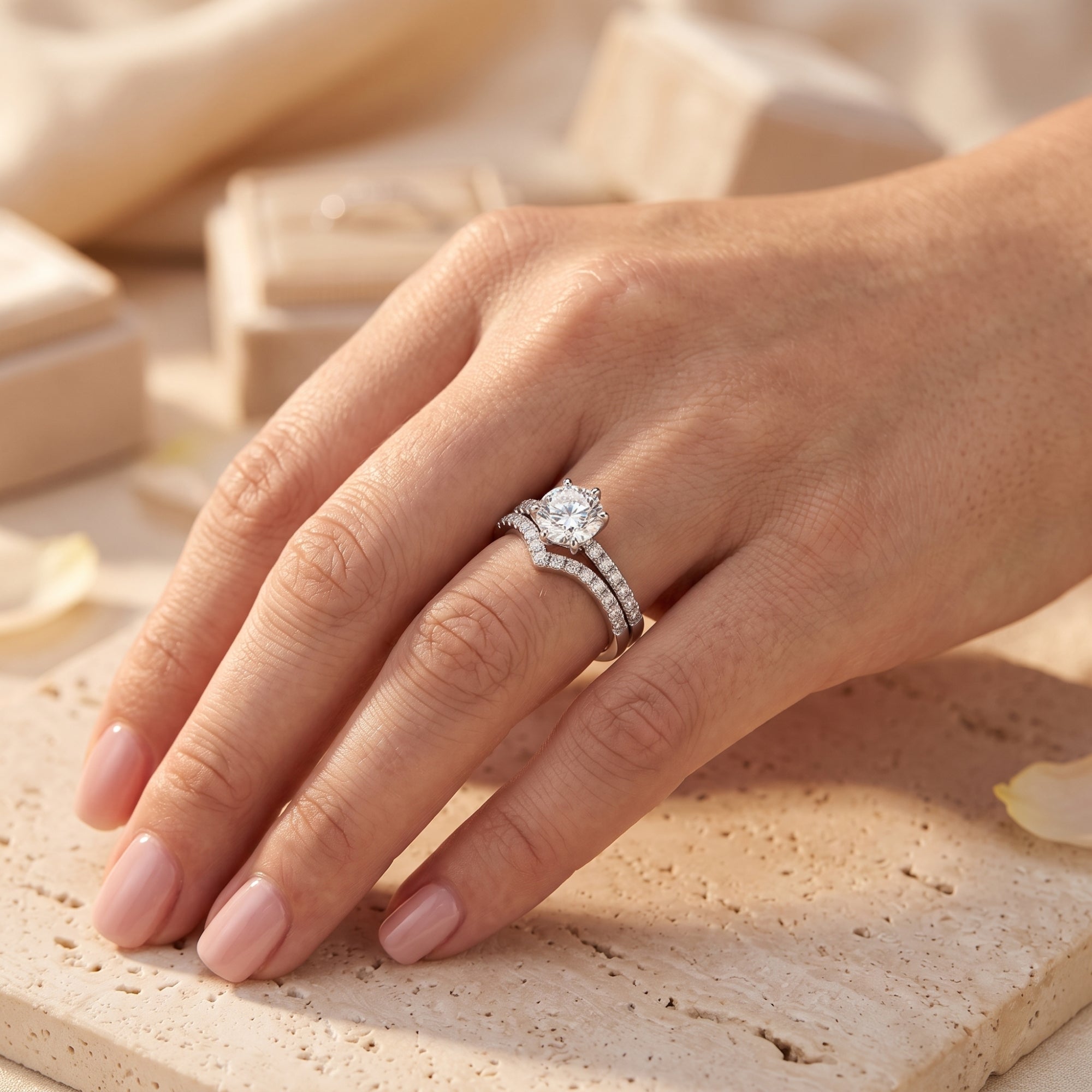 Silver Amariel ring set with round cut simulated diamond worn on a woman's hand.