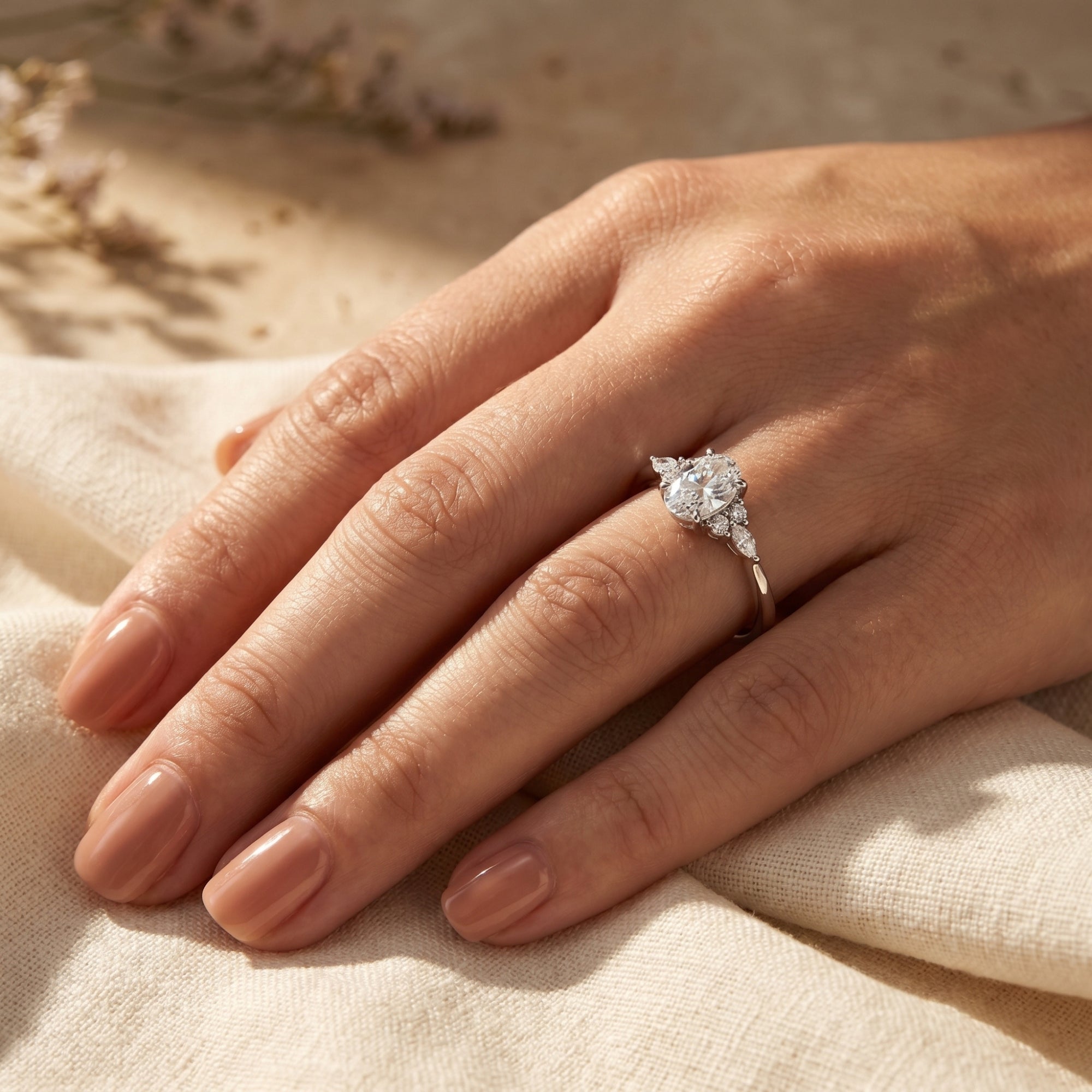 Sterling silver 2CT oval moissanite ring worn on a woman's hand.