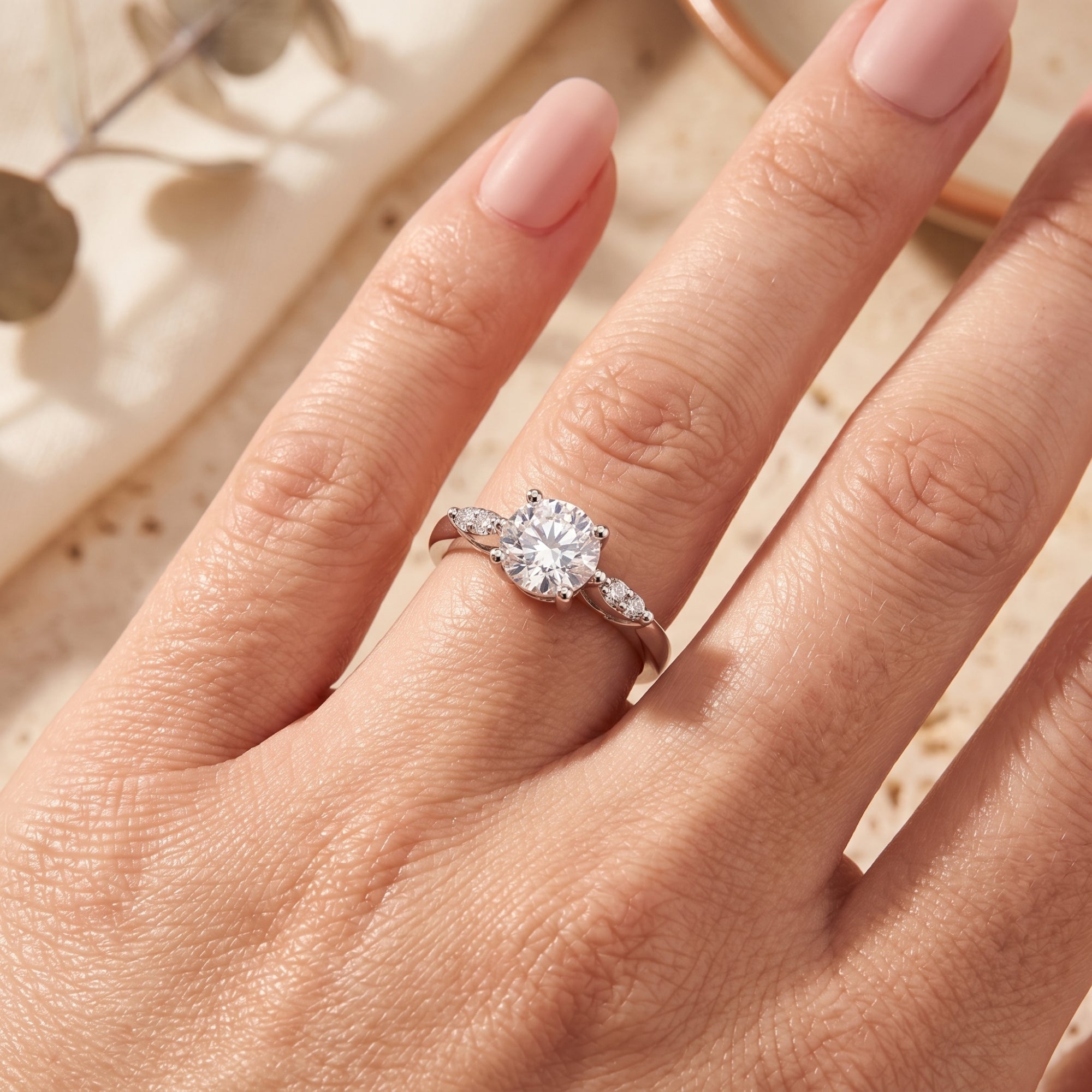 Round cut simulated diamond promise ring in sterling silver worn on a woman's hand with pink nails.