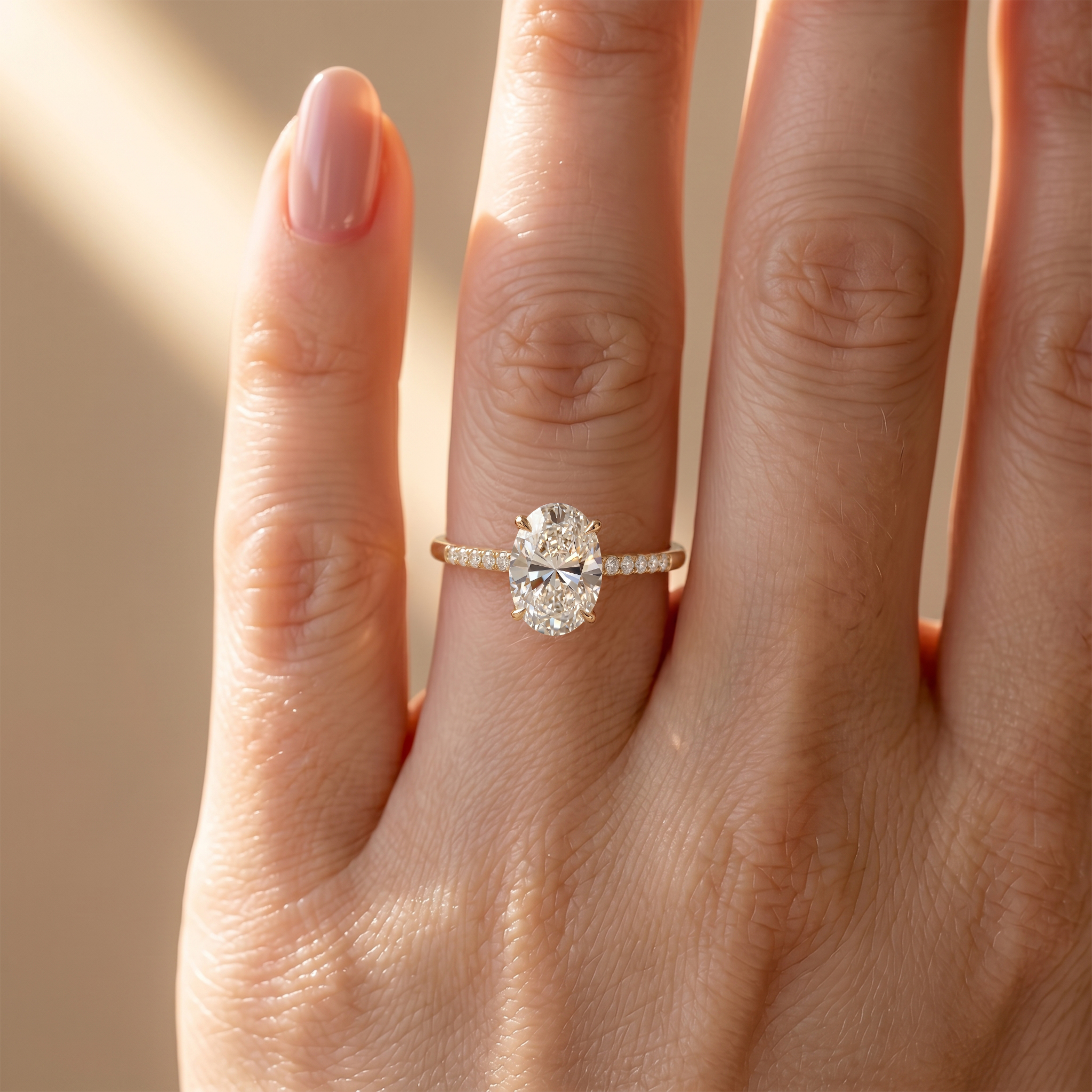 Close-up of a model's hand wearing an oval-cut moissanite ring with a yellow gold pavé band.
