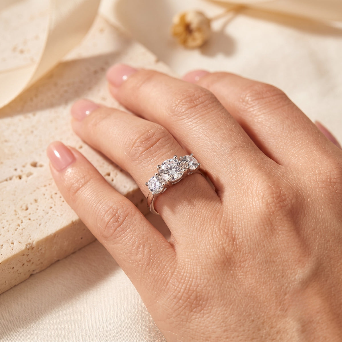 Round cut simulated diamond three-stone silver ring on model's hand.