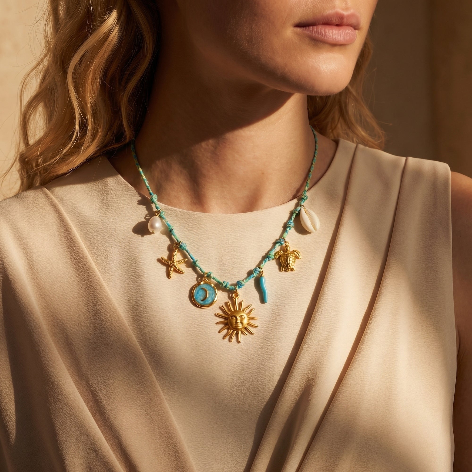 Model wearing the gold Naida charm necklace with celestial and ocean symbols on a turquoise woven cord.
