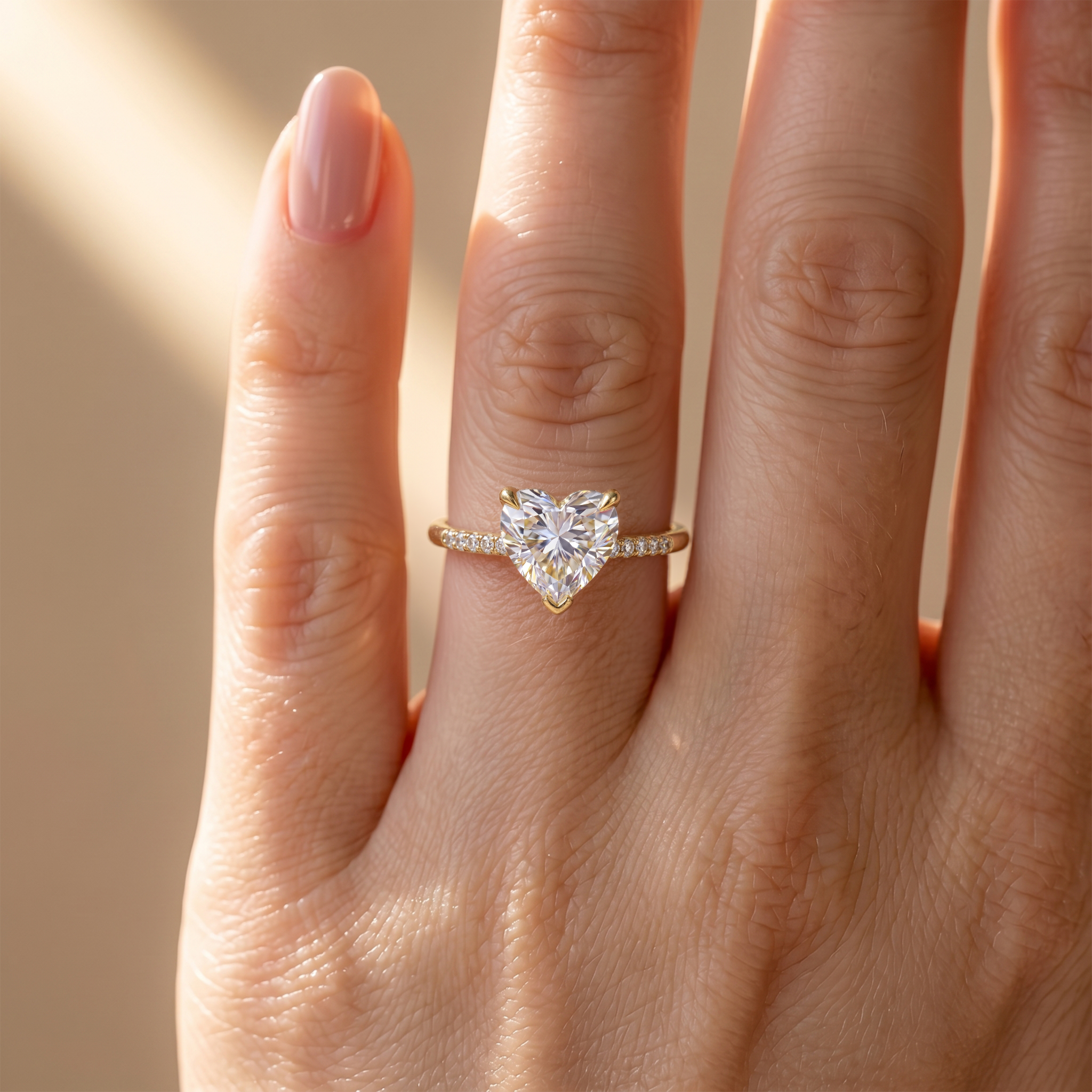 A delicate yellow gold heart-shaped moissanite ring with a diamond pave band, beautifully showcased on a model's hand.