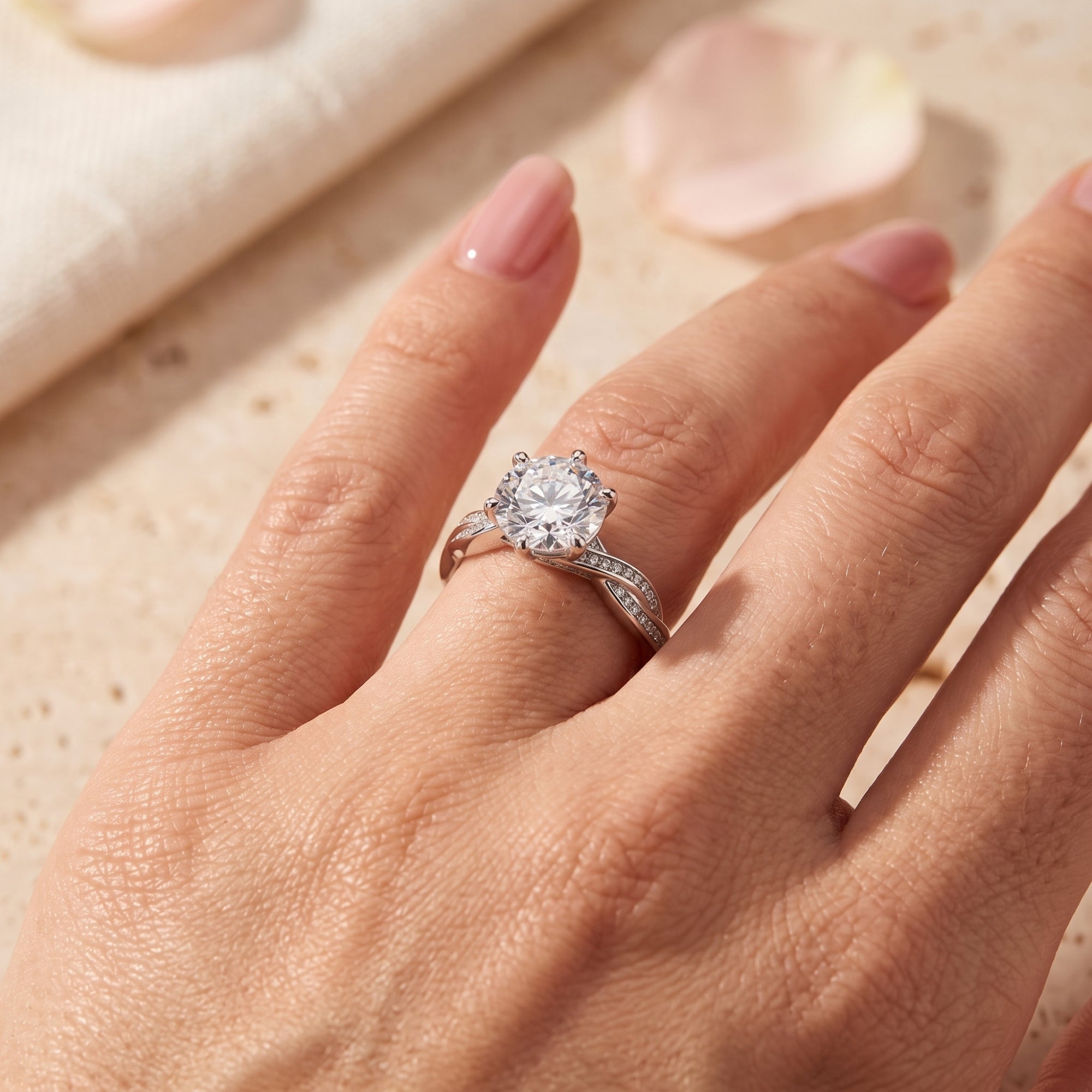 Sterling silver round-cut simulated diamond ring worn on a woman's finger, showing the twisted pavé band.