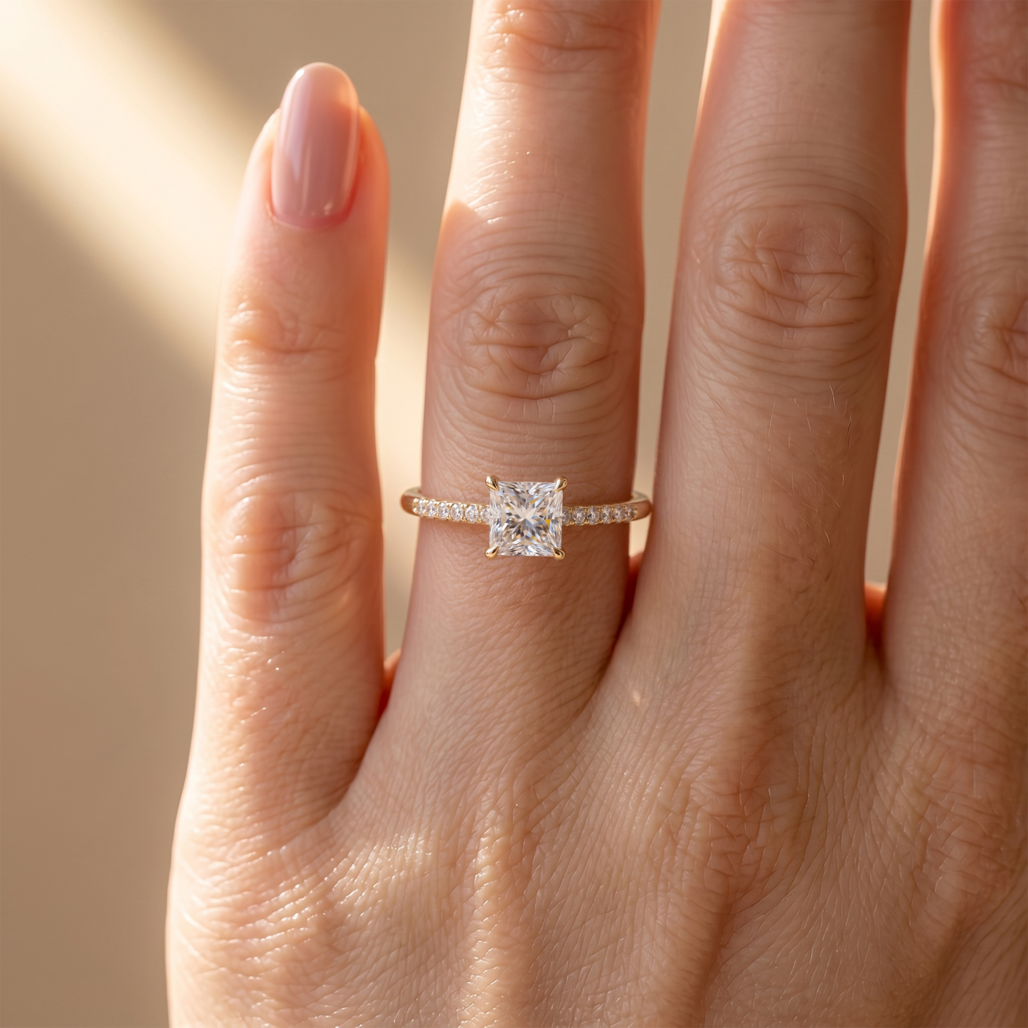 Close-up of a yellow gold princess cut moissanite engagement ring worn on a woman's finger.