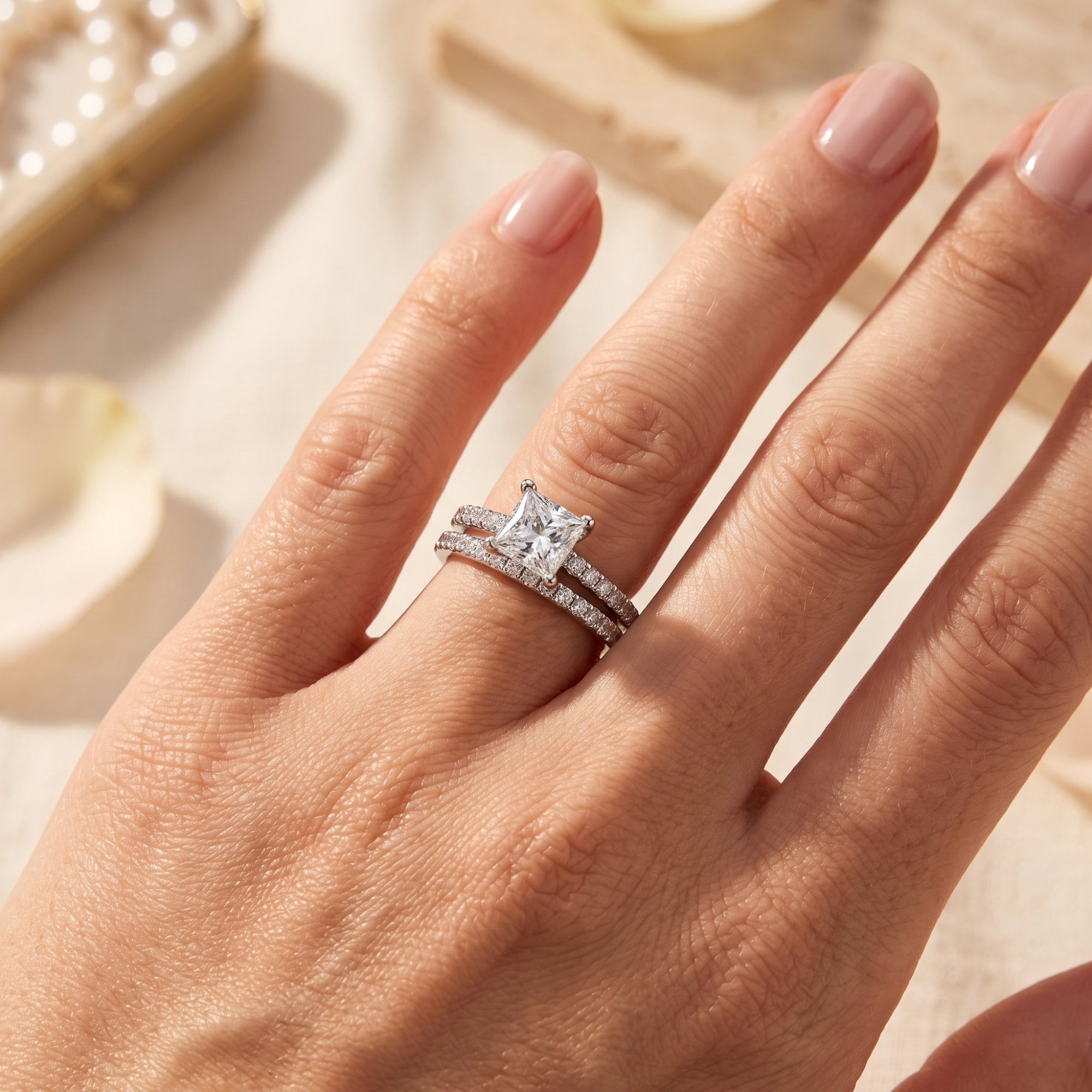 Square-cut simulated diamond ring and matching pavé band in sterling silver worn on a woman's hand.