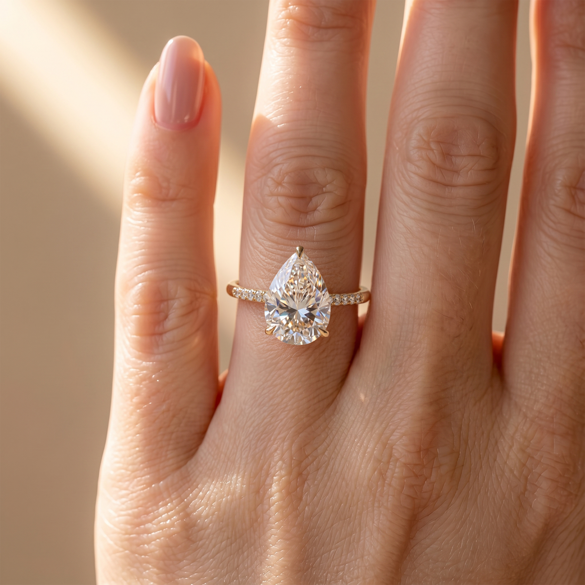 Close-up of a hand wearing a pear-shaped moissanite engagement ring in yellow gold.