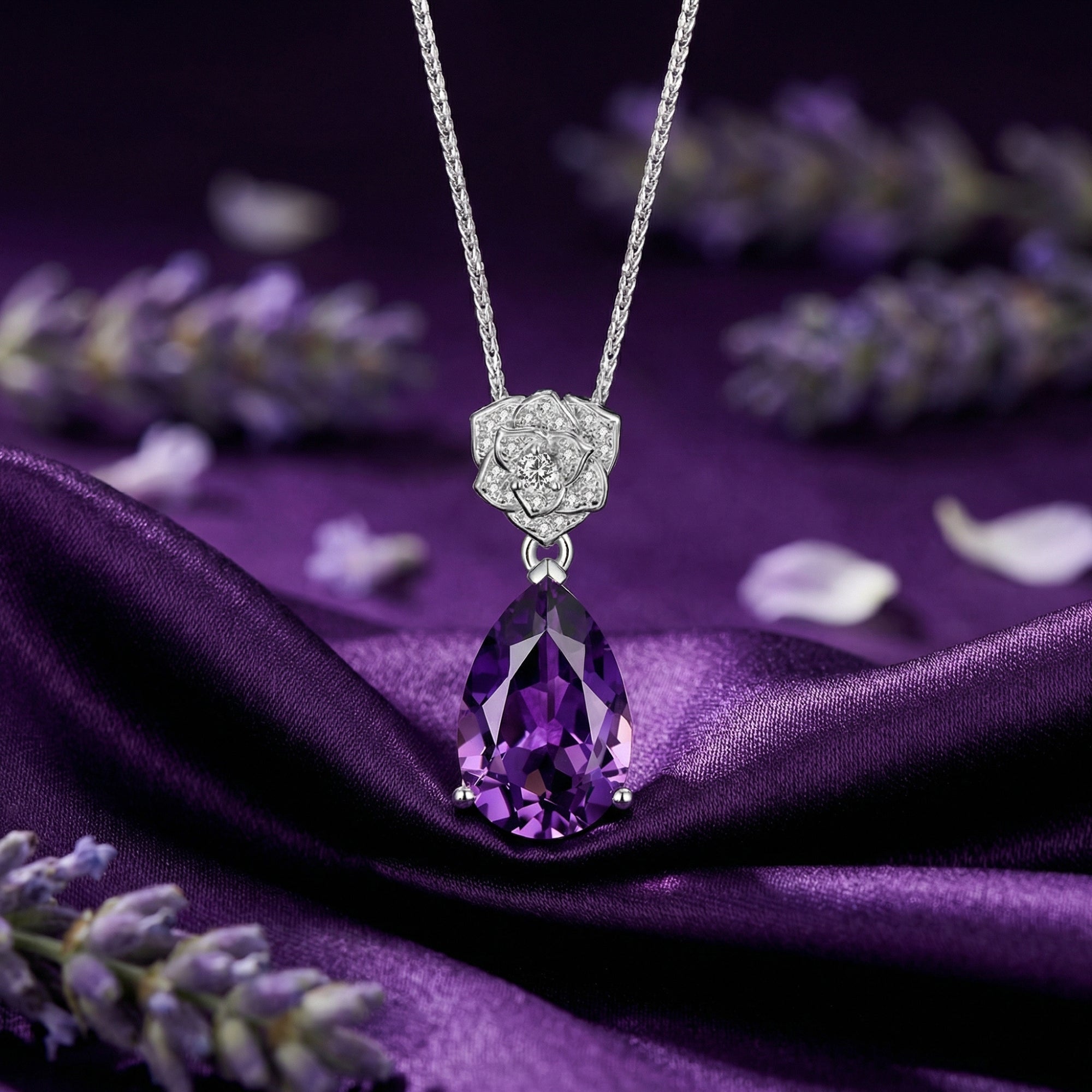 Pear-cut amethyst pendant necklace in S925 sterling silver on purple silk with lavender sprigs.