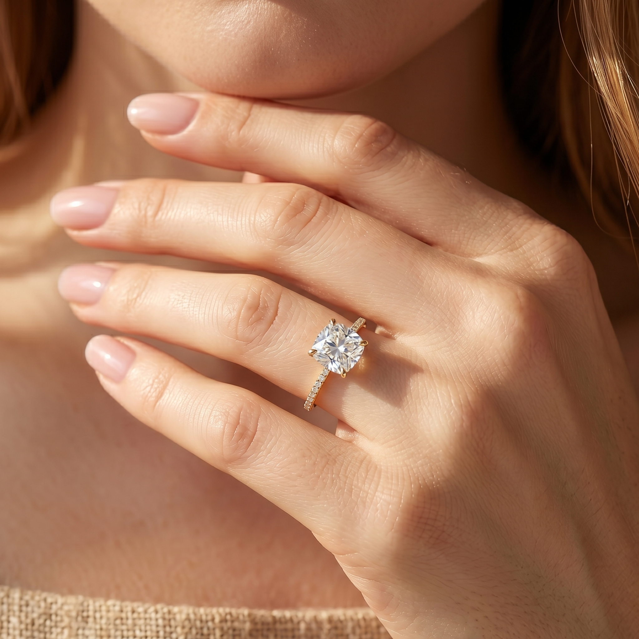 A model wearing a cushion-cut moissanite ring in yellow gold on her ring finger.