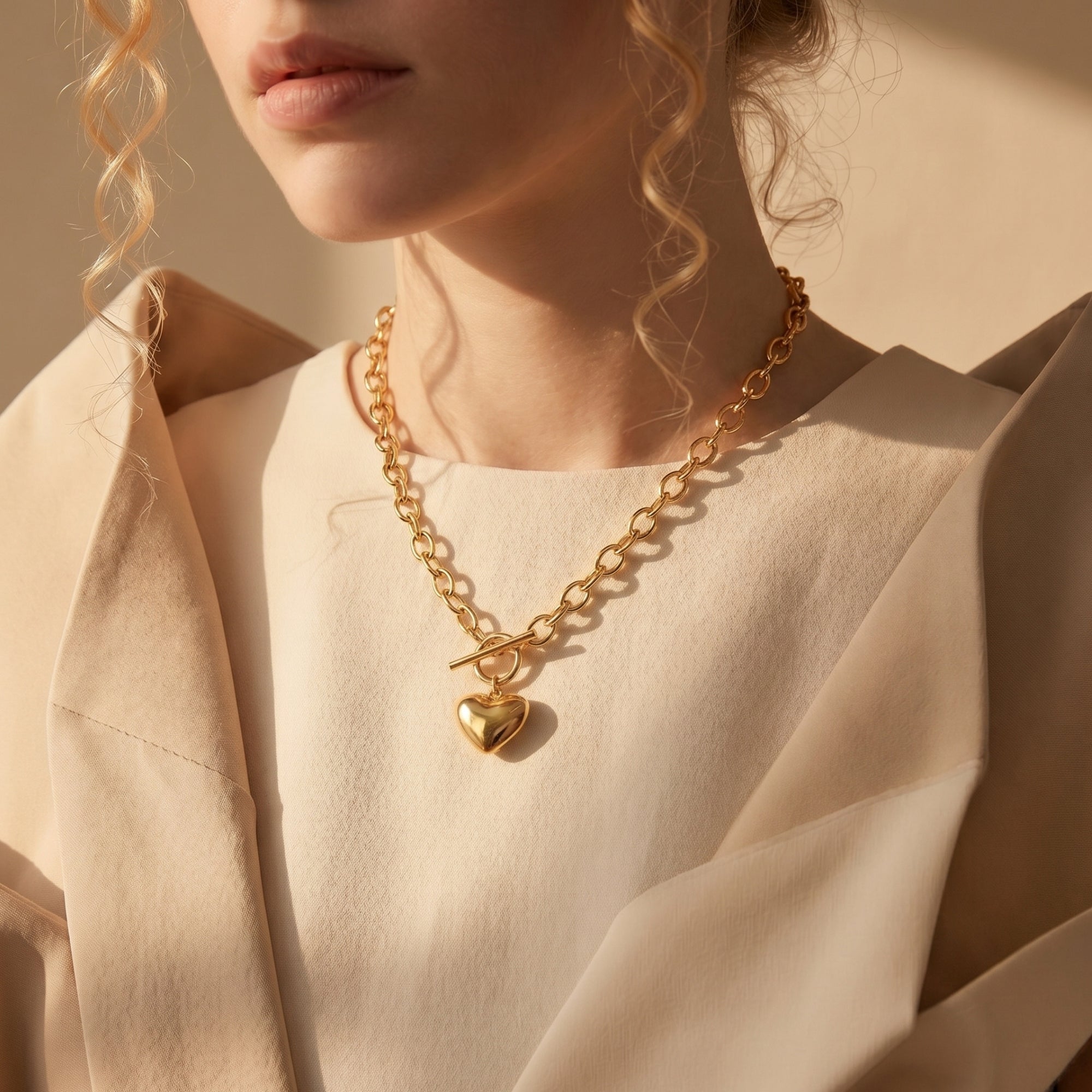 Model wearing the gold heart pendant necklace with a front toggle clasp and chunky chain.