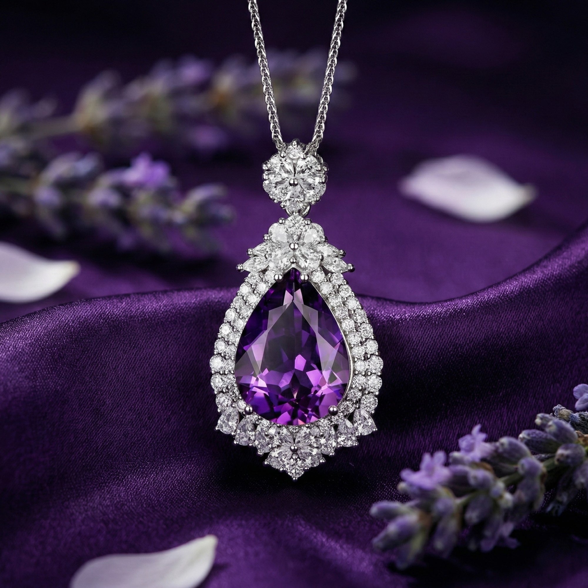 Macro view of a pear cut purple amethyst pendant in sterling silver with a brilliant halo.