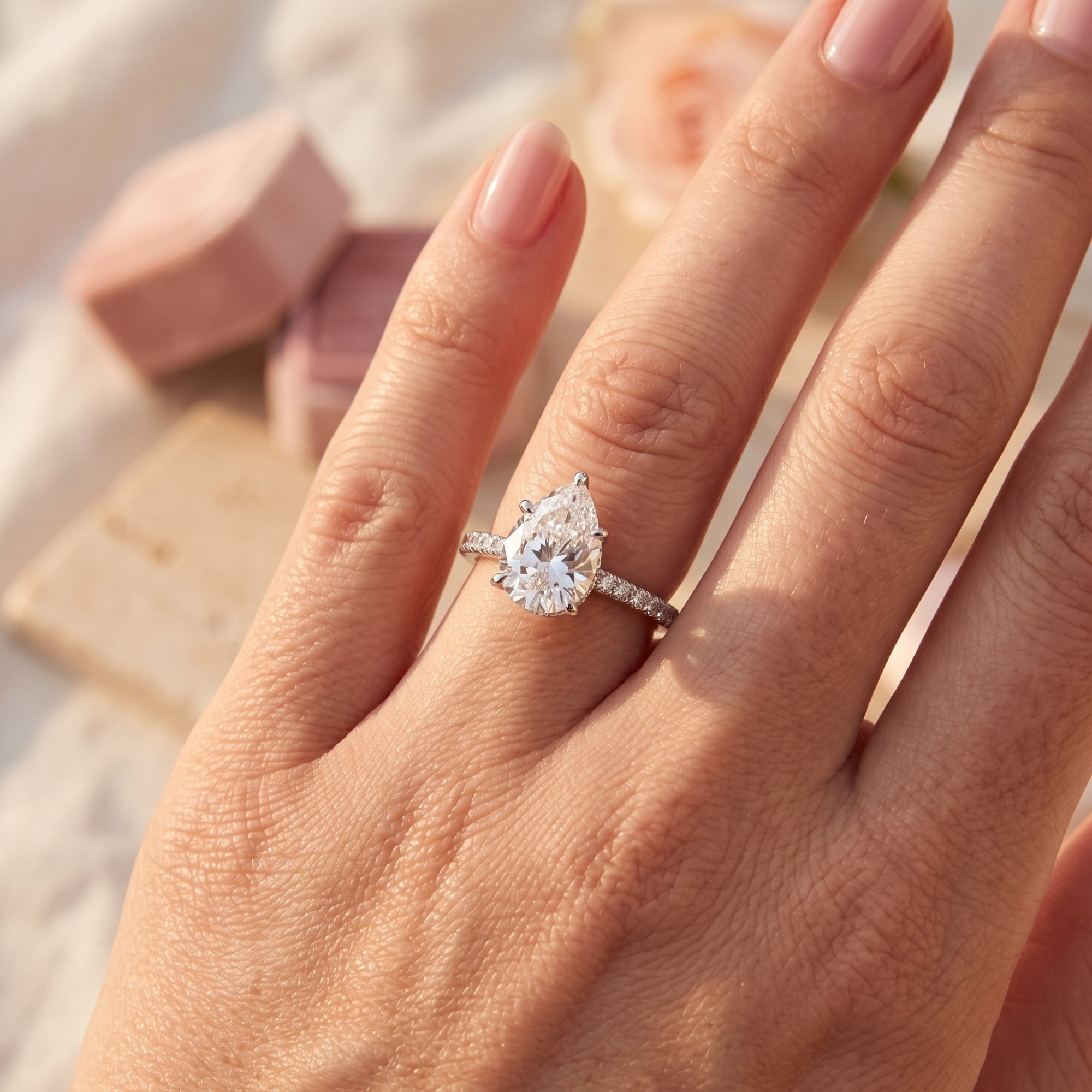 Pear-cut simulated diamond promise ring in sterling silver worn on a woman's finger.